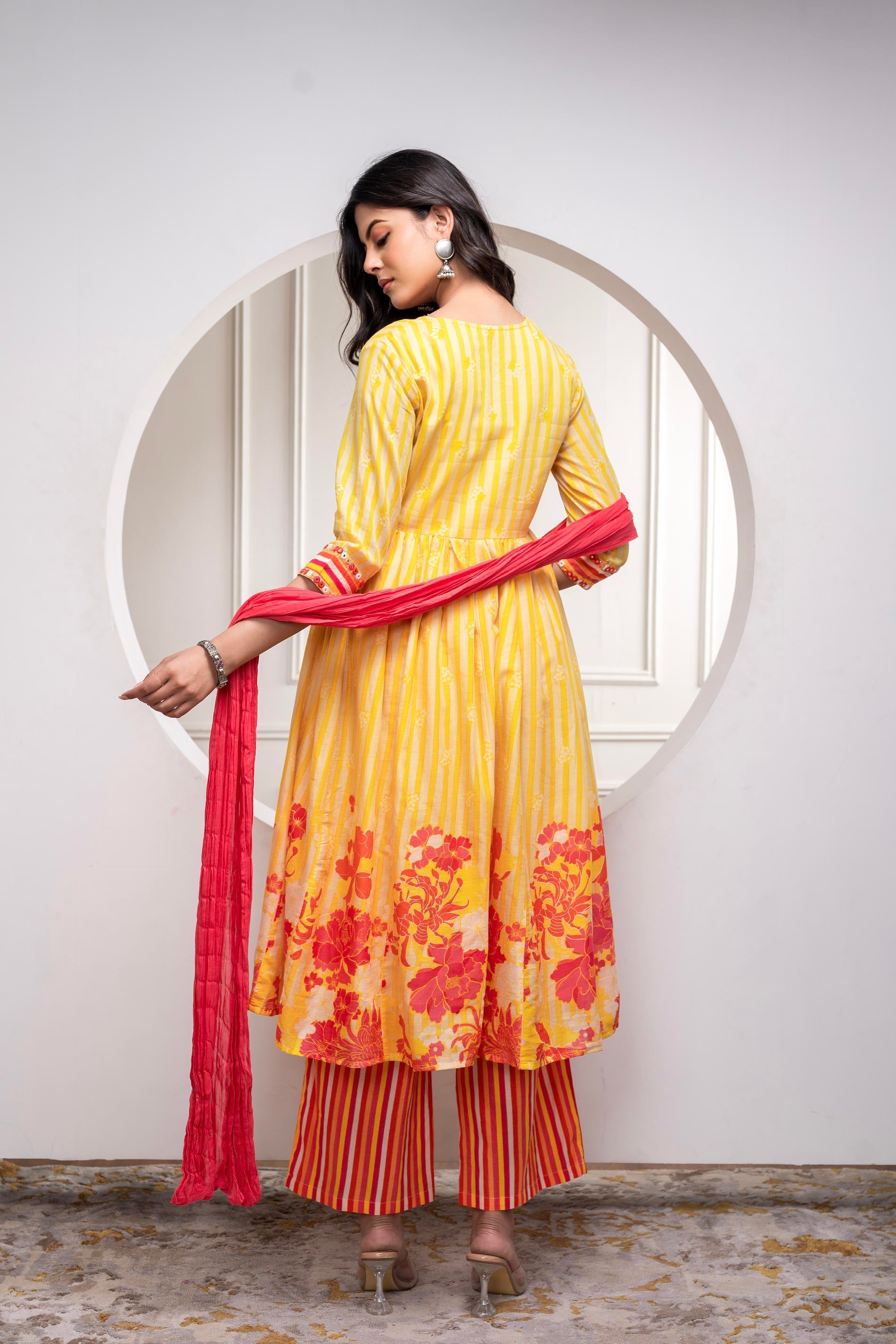 Mustard Cotton Kurta Pant & Chiffon Dupatta Set with Embroidered Flora