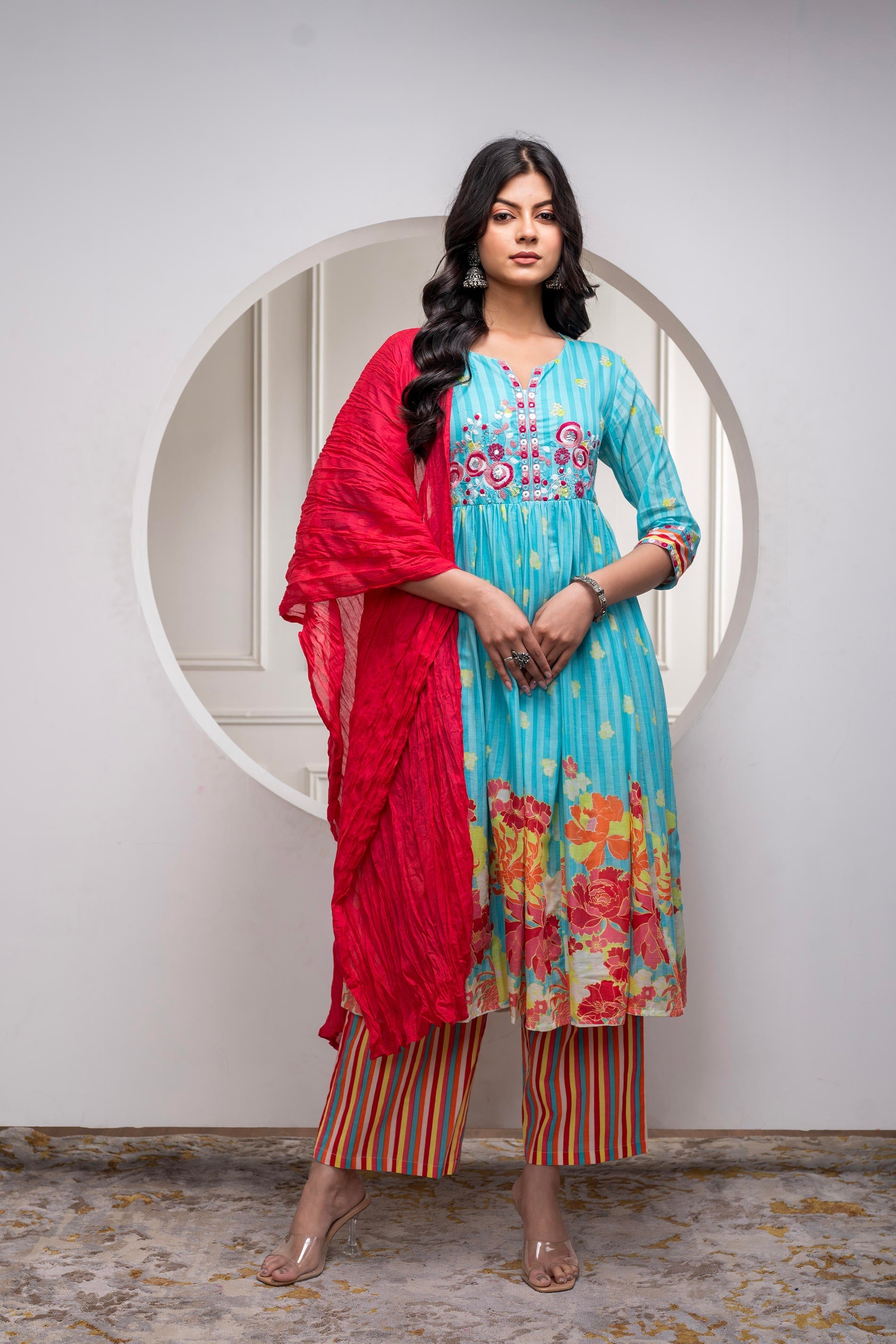 Skyblue Cotton Kurta Pant & Chiffon Dupatta Set with Embroidered Flora