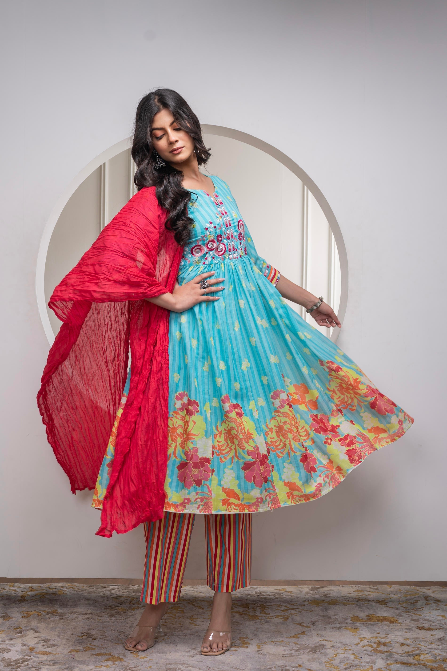 Skyblue Cotton Kurta Pant & Chiffon Dupatta Set with Embroidered Flora