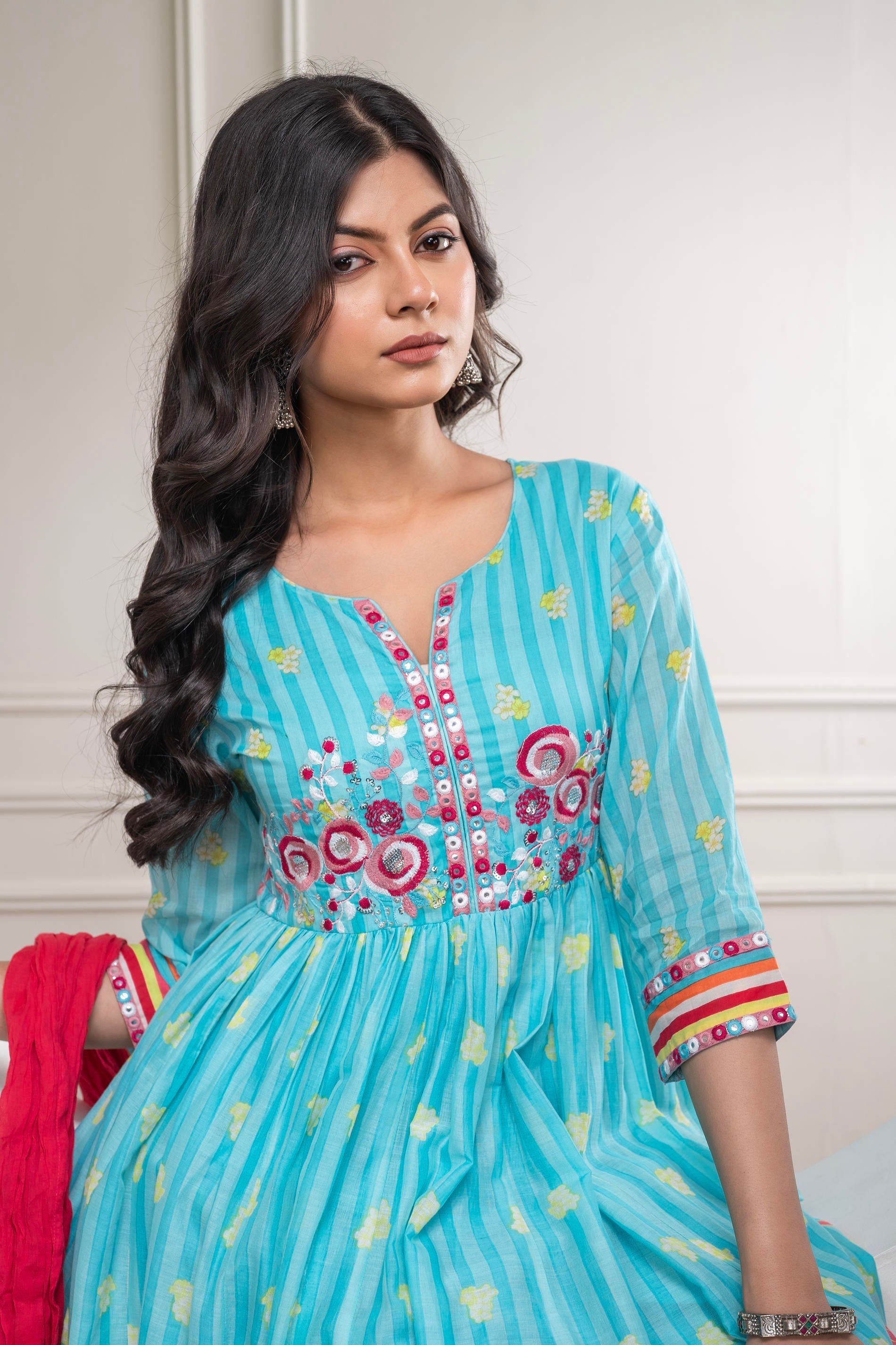 Skyblue Cotton Kurta Pant & Chiffon Dupatta Set with Embroidered Flora