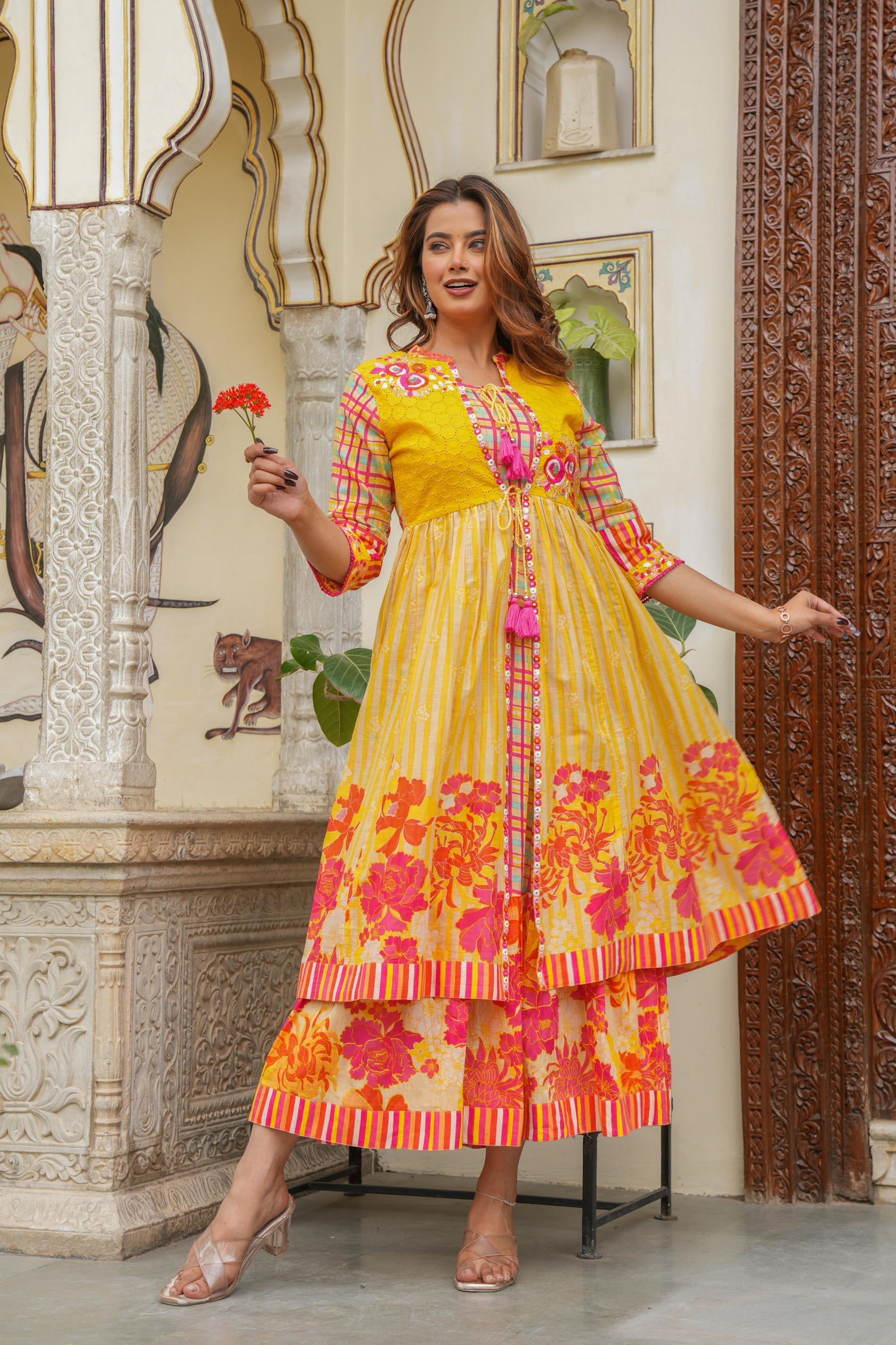 Mustard Layered Flared Dress With Inner with Sequins, Mirror Work, Dor