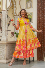 Mustard Layered Flared Dress With Inner with Sequins, Mirror Work, Dori, tassels.