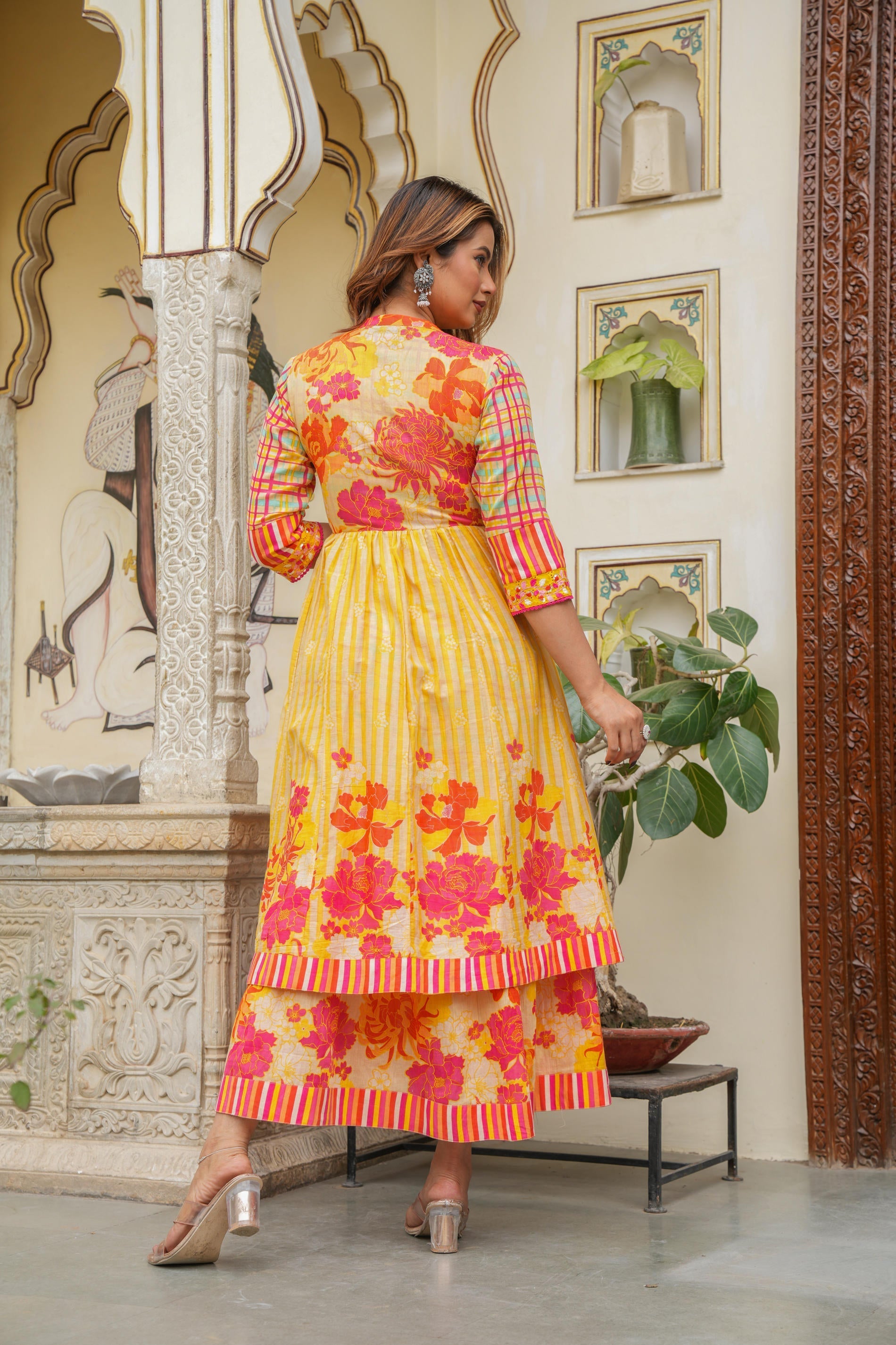 Mustard Layered Flared Dress With Inner with Sequins, Mirror Work, Dor