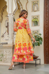 Mustard Layered Flared Dress With Inner with Sequins, Mirror Work, Dori, tassels.