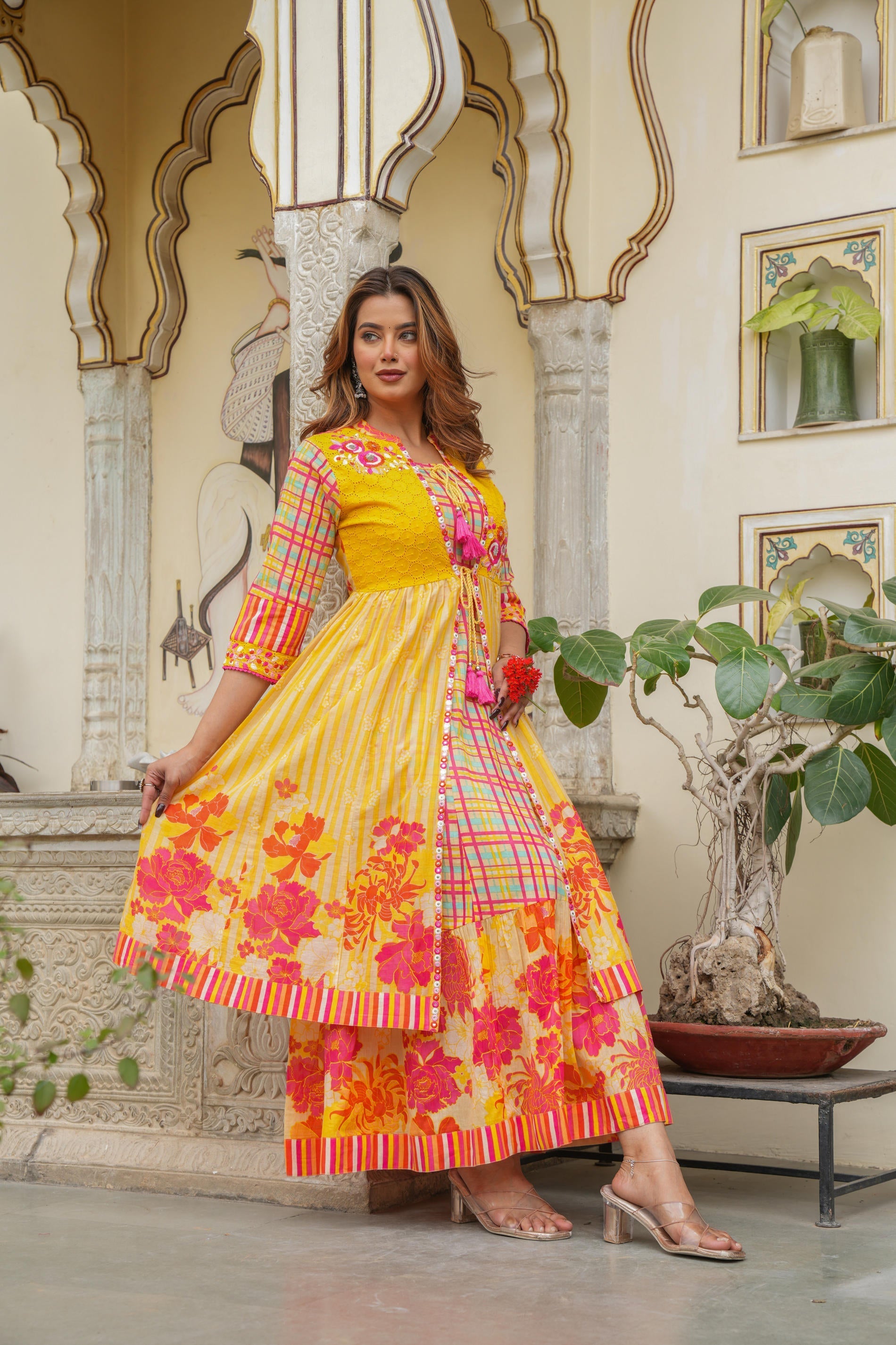 Mustard Layered Flared Dress With Inner with Sequins, Mirror Work, Dor
