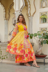 Mustard Layered Flared Dress With Inner with Sequins, Mirror Work, Dori, tassels.