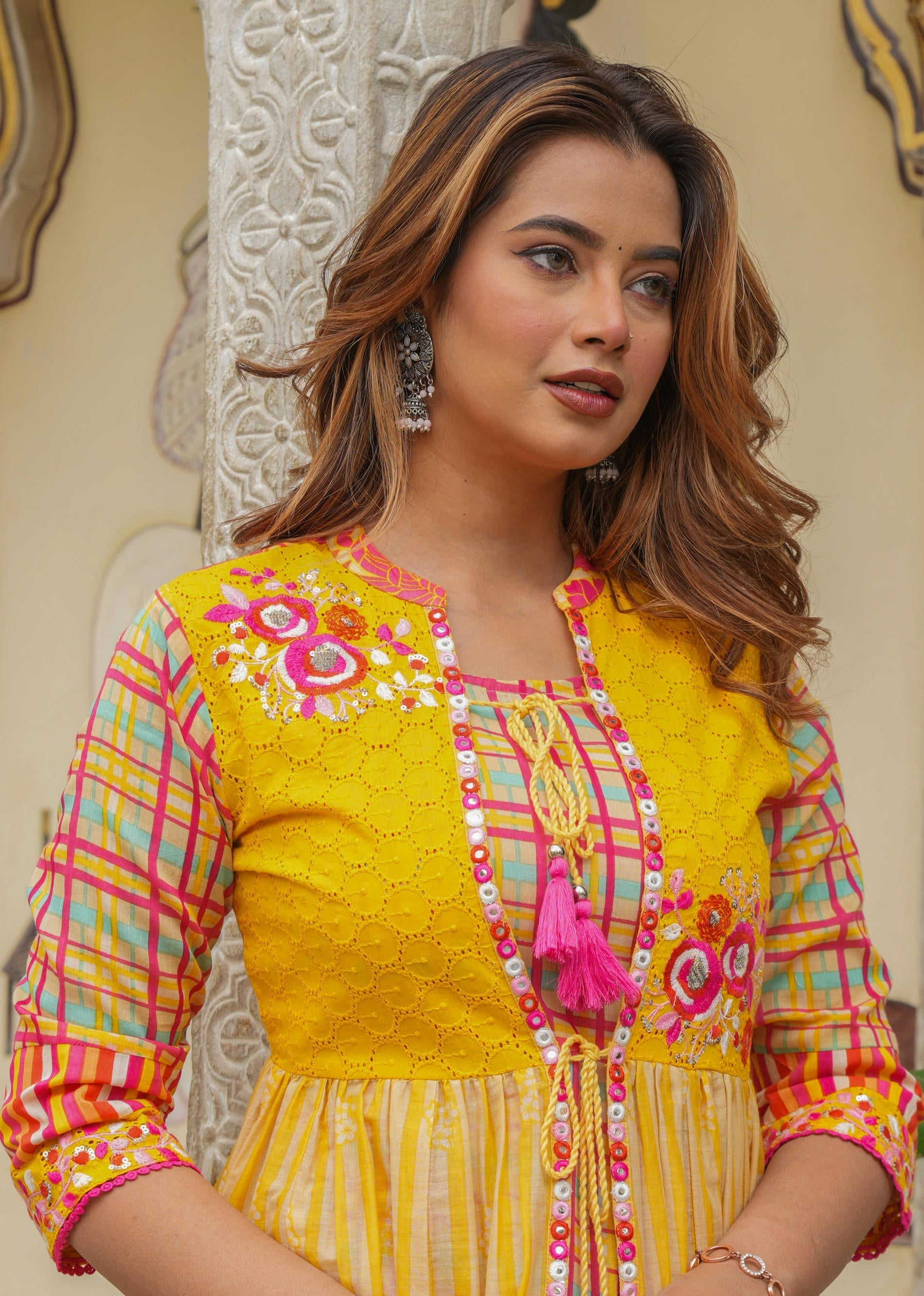 Mustard Layered Flared Dress With Inner with Sequins, Mirror Work, Dor