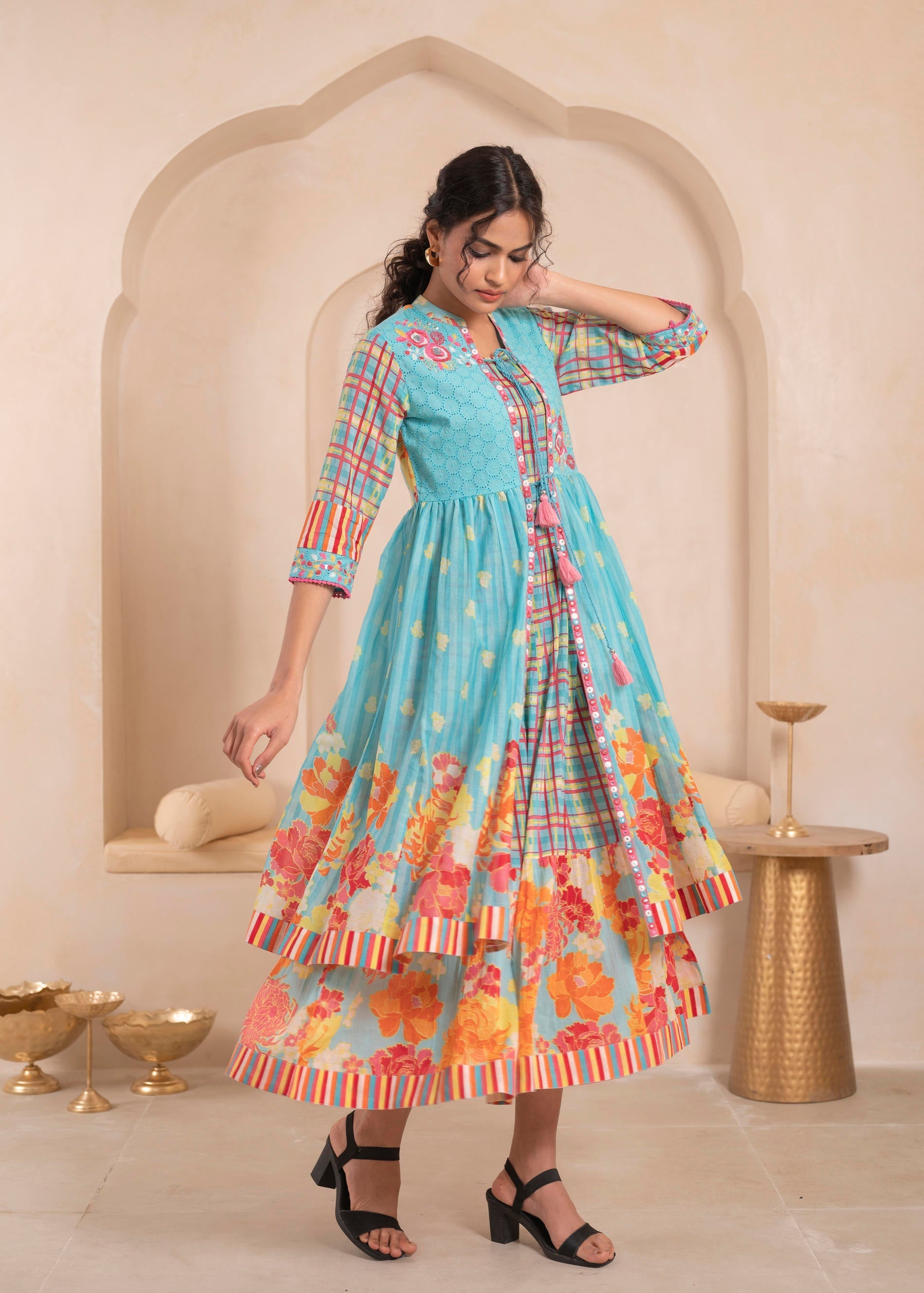 Sky Blue Layered Flared Dress with Printed Hem and Embroidered Yoke | 