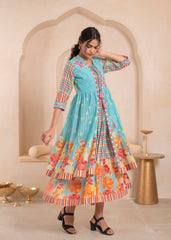 Sky Blue Layered Flared Dress with Printed Hem and Embroidered Yoke