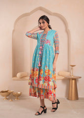 Sky Blue Layered Flared Dress with Printed Hem and Embroidered Yoke