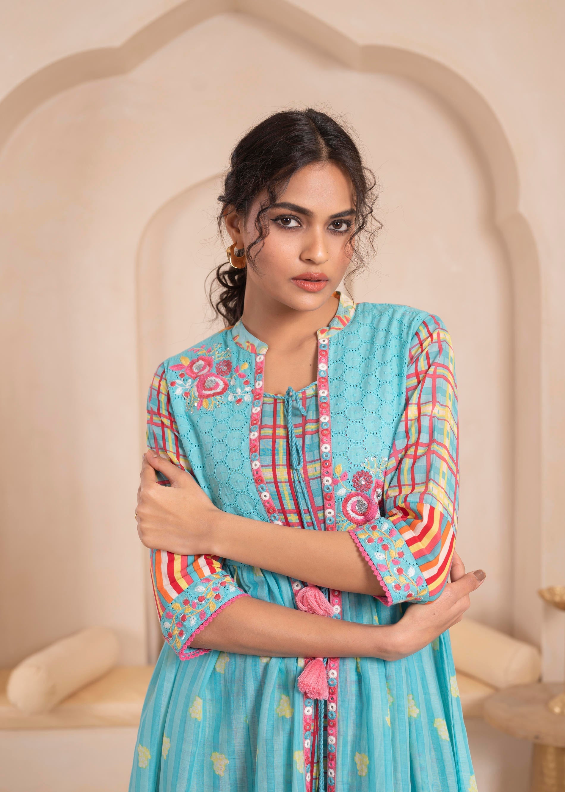 Sky Blue Layered Flared Dress with Printed Hem and Embroidered Yoke | 