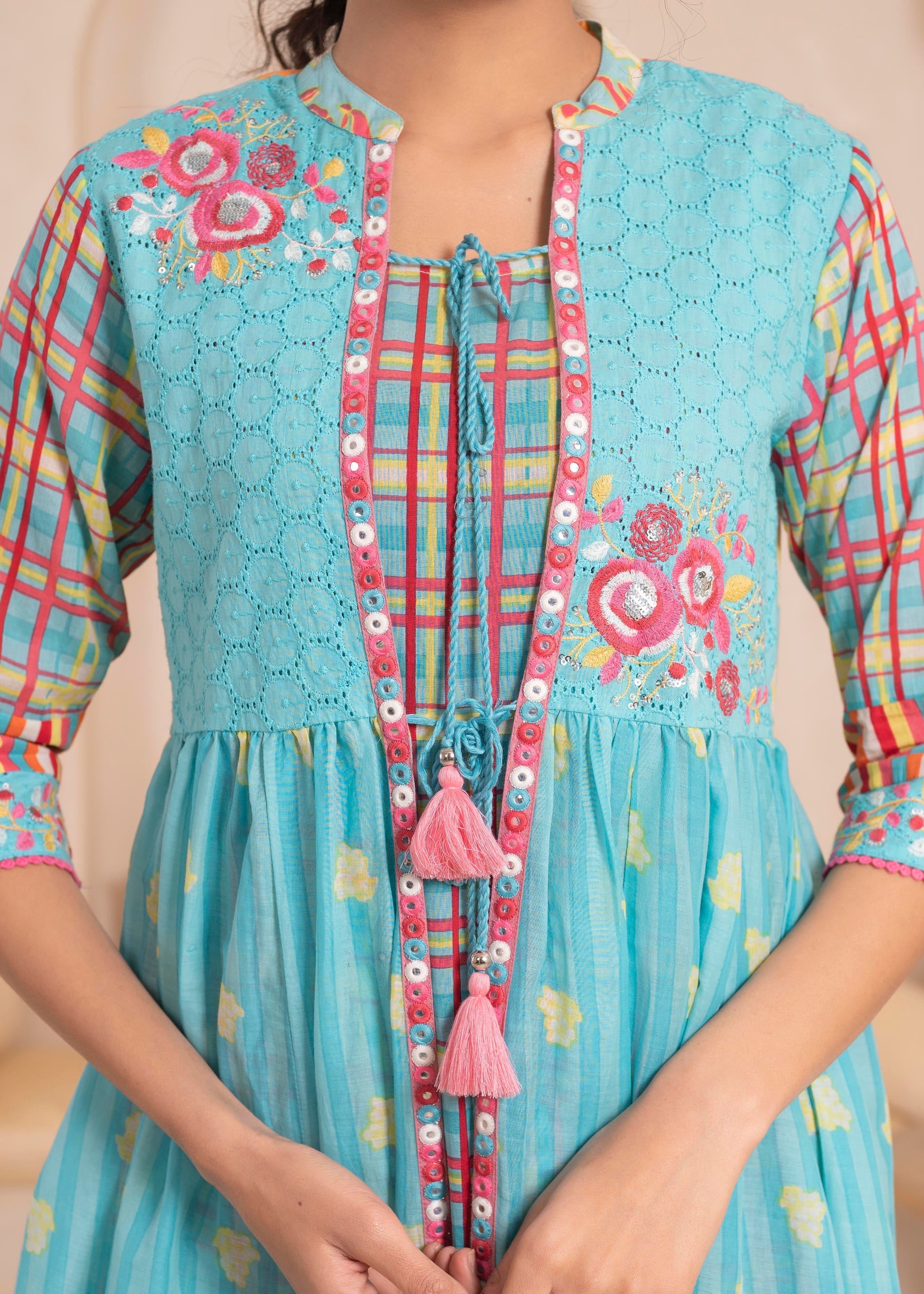 Sky Blue Layered Flared Dress with Printed Hem and Embroidered Yoke | 
