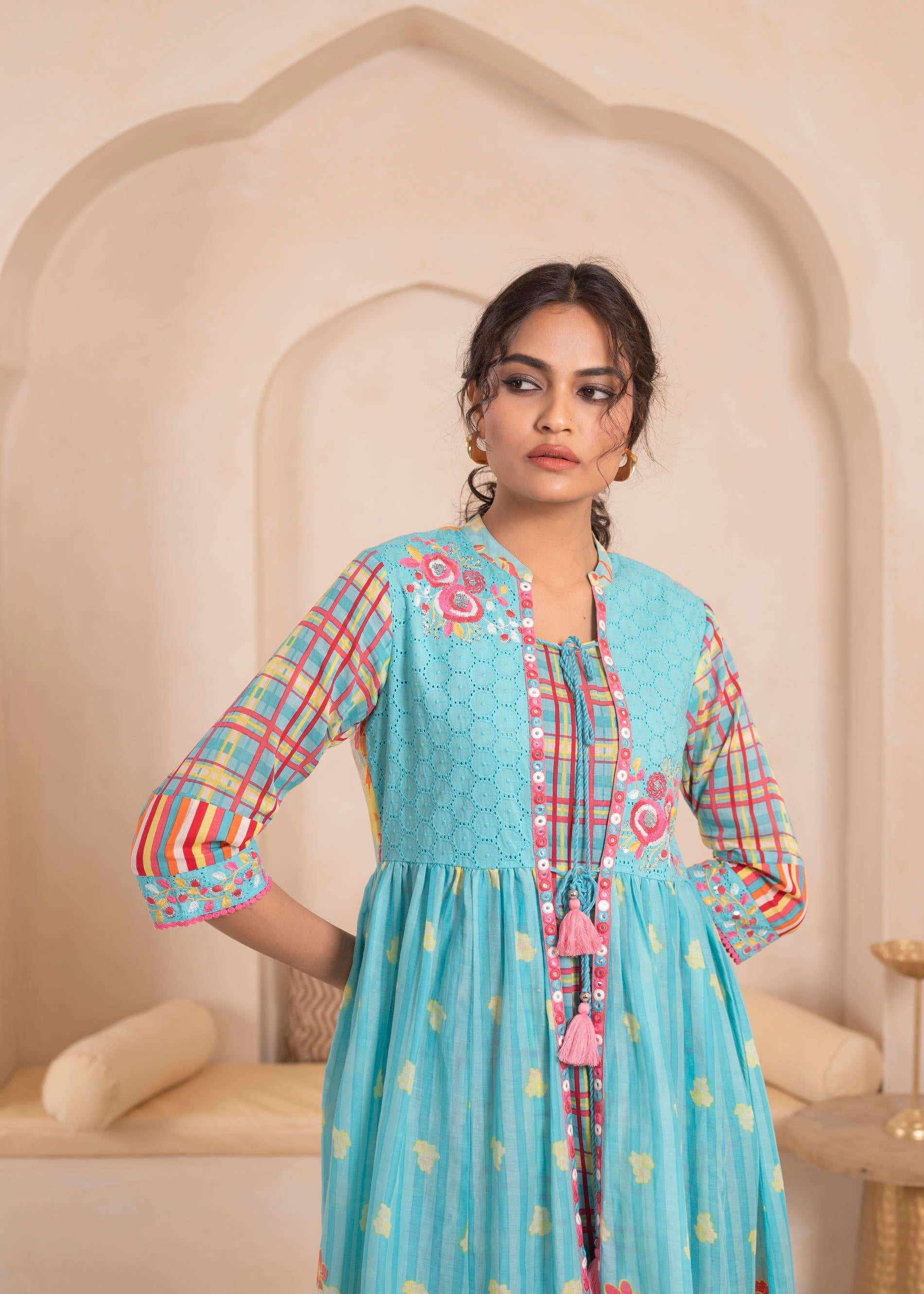 Sky Blue Layered Flared Dress with Printed Hem and Embroidered Yoke | 