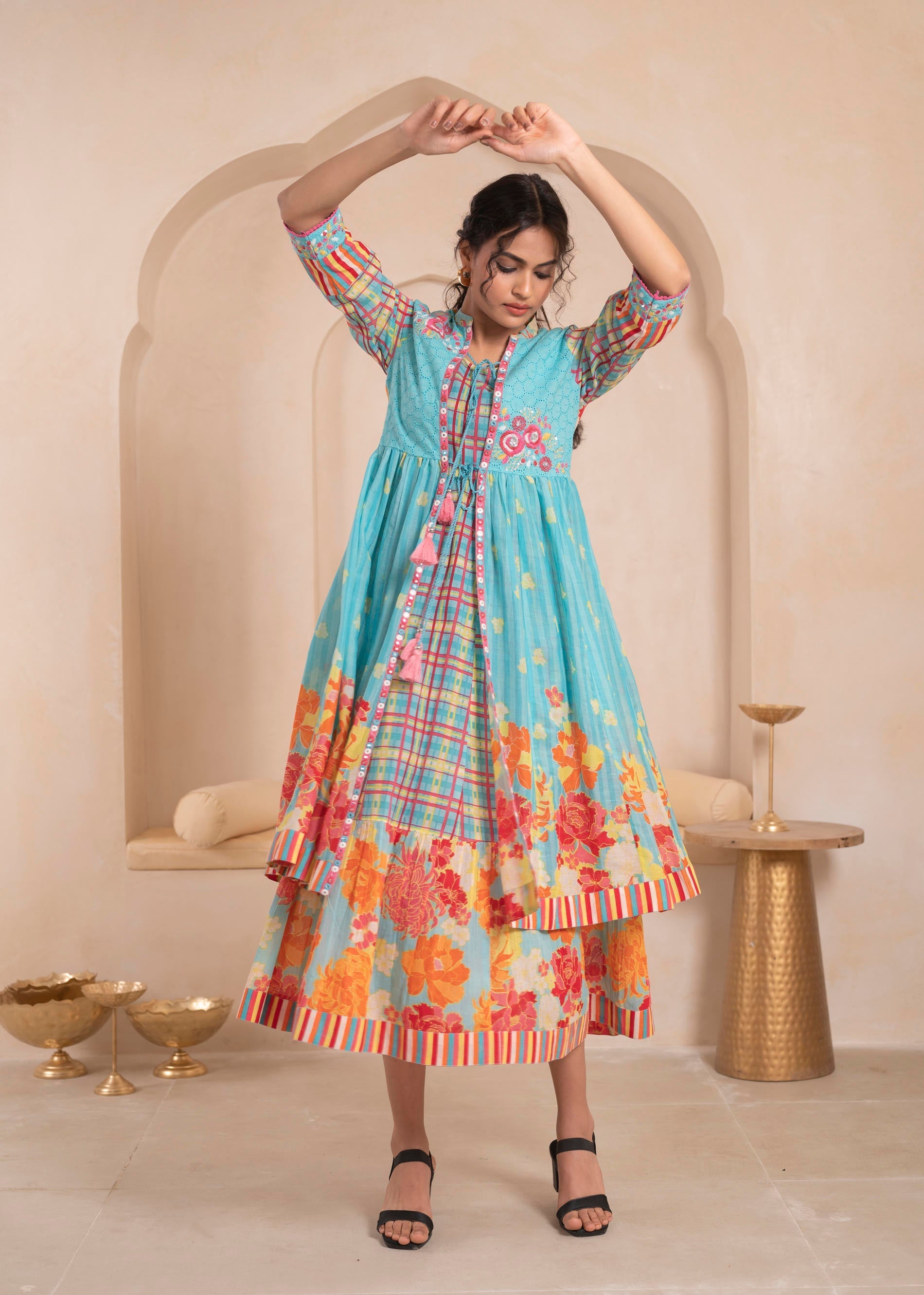 Sky Blue Layered Flared Dress with Printed Hem and Embroidered Yoke | 