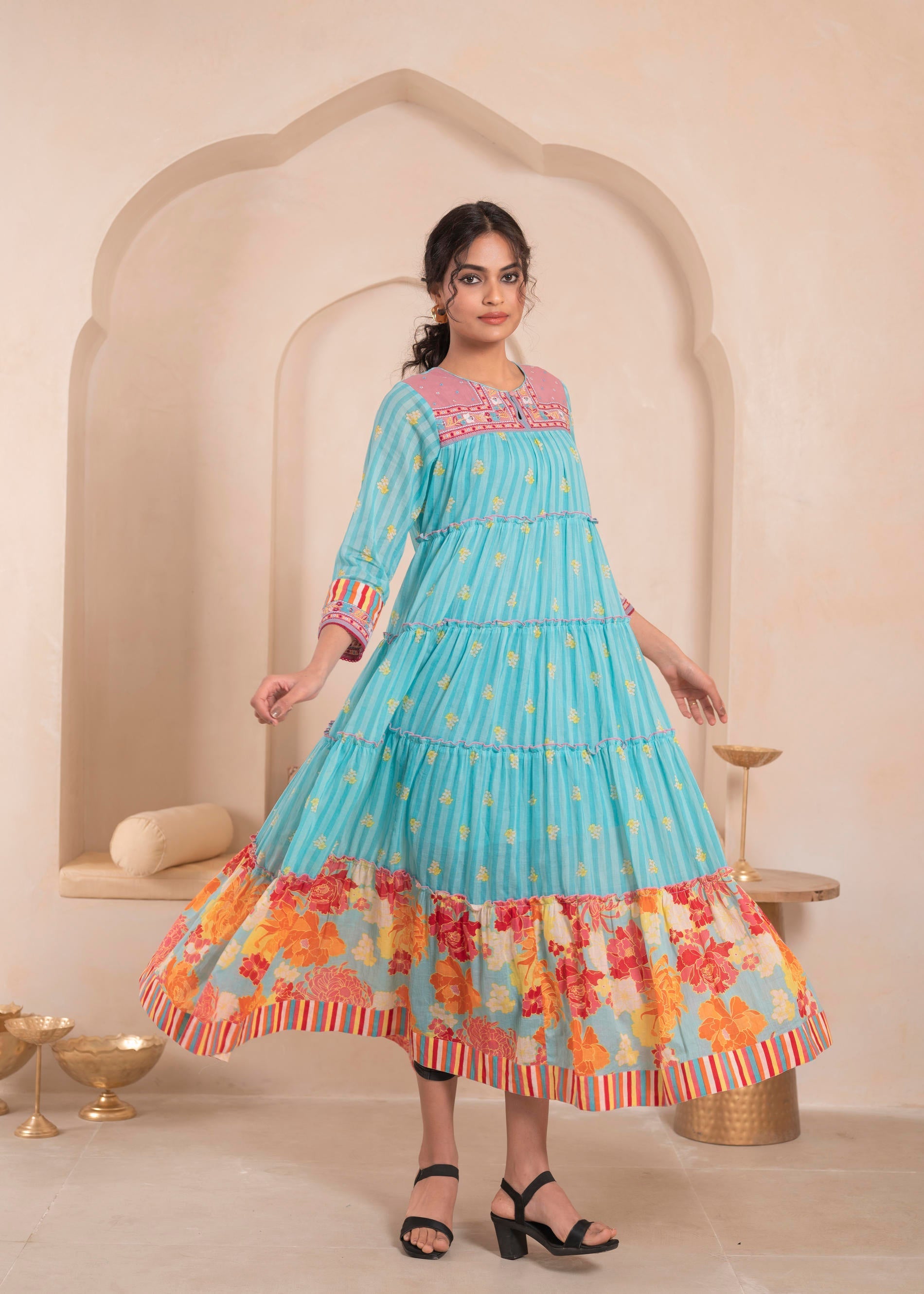 Sky Blue Layered Flared Dress with Printed Hem and Embroidered Yoke | 