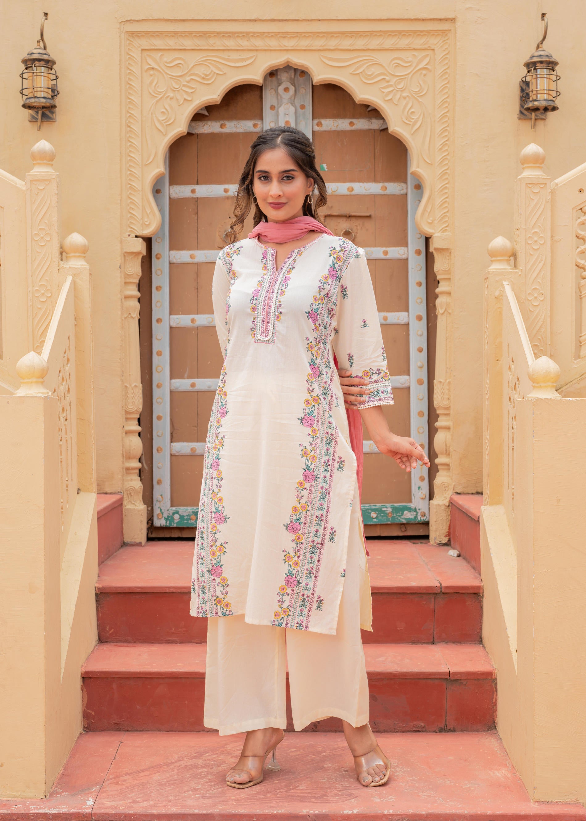 Soft Pastel Floral Printed Ivory Kurti Set-P1398IVORY