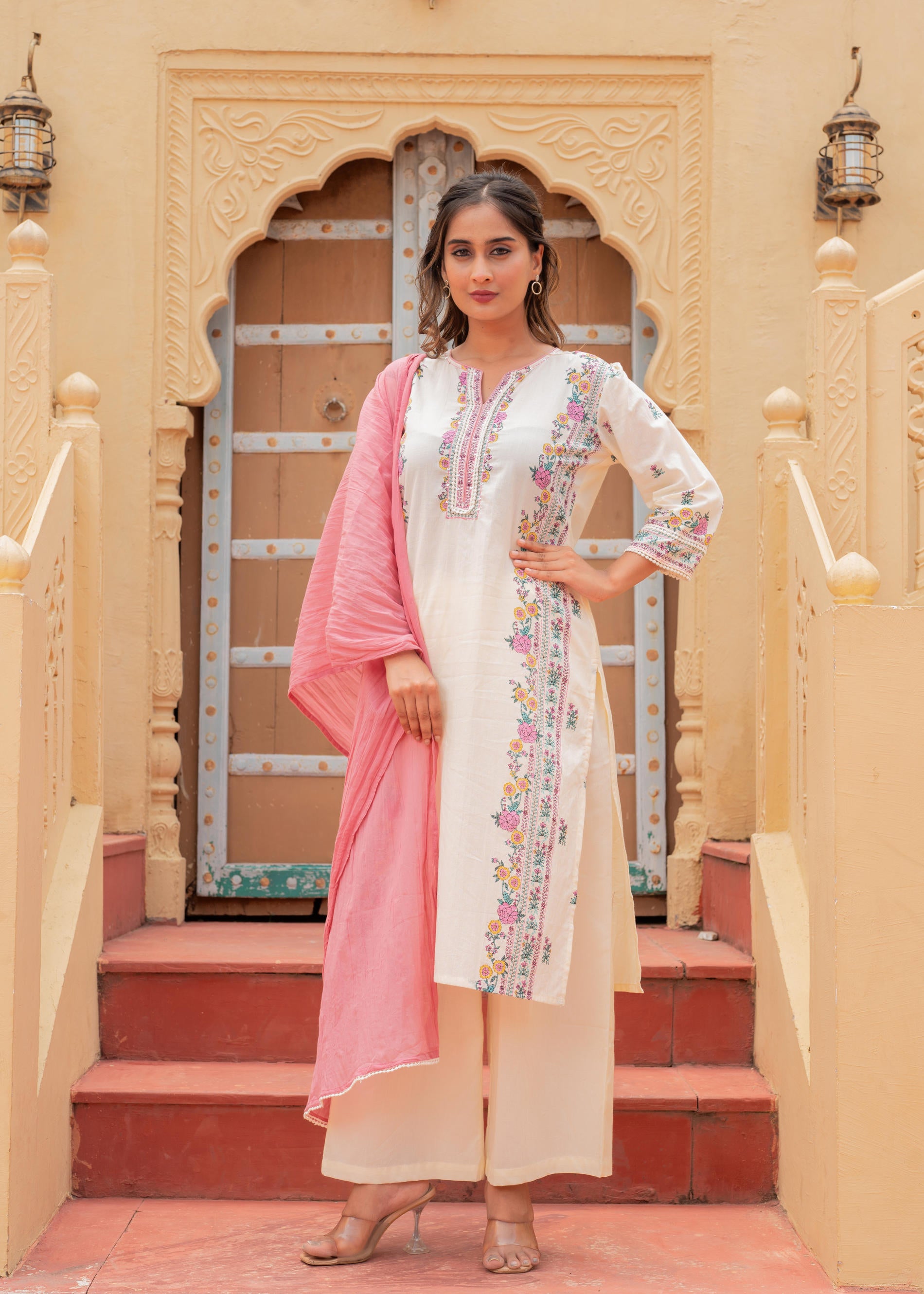 Soft Pastel Floral Printed Ivory Kurti Set-P1398IVORY