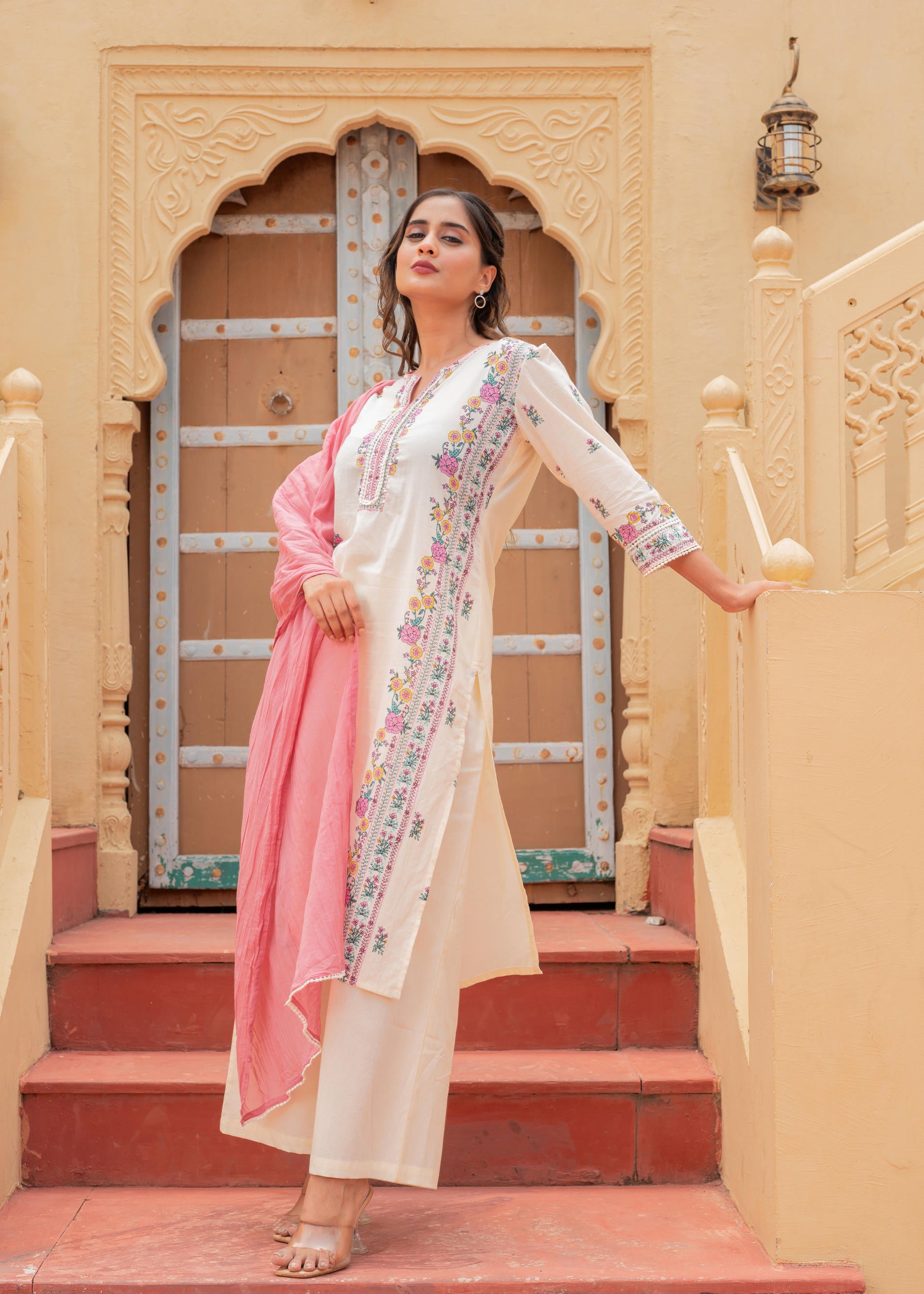 Soft Pastel Floral Printed Ivory Kurti Set-P1398IVORY
