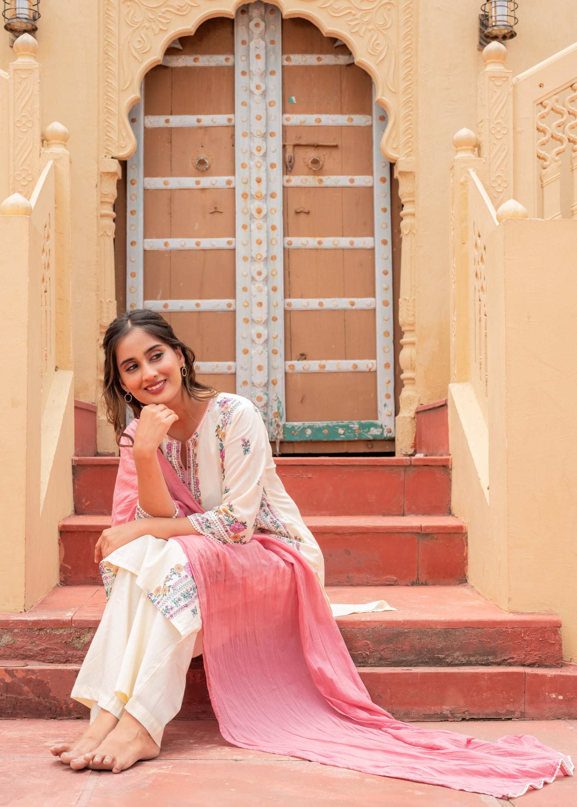 Soft Pastel Floral Printed Ivory Kurti Set-P1398IVORY