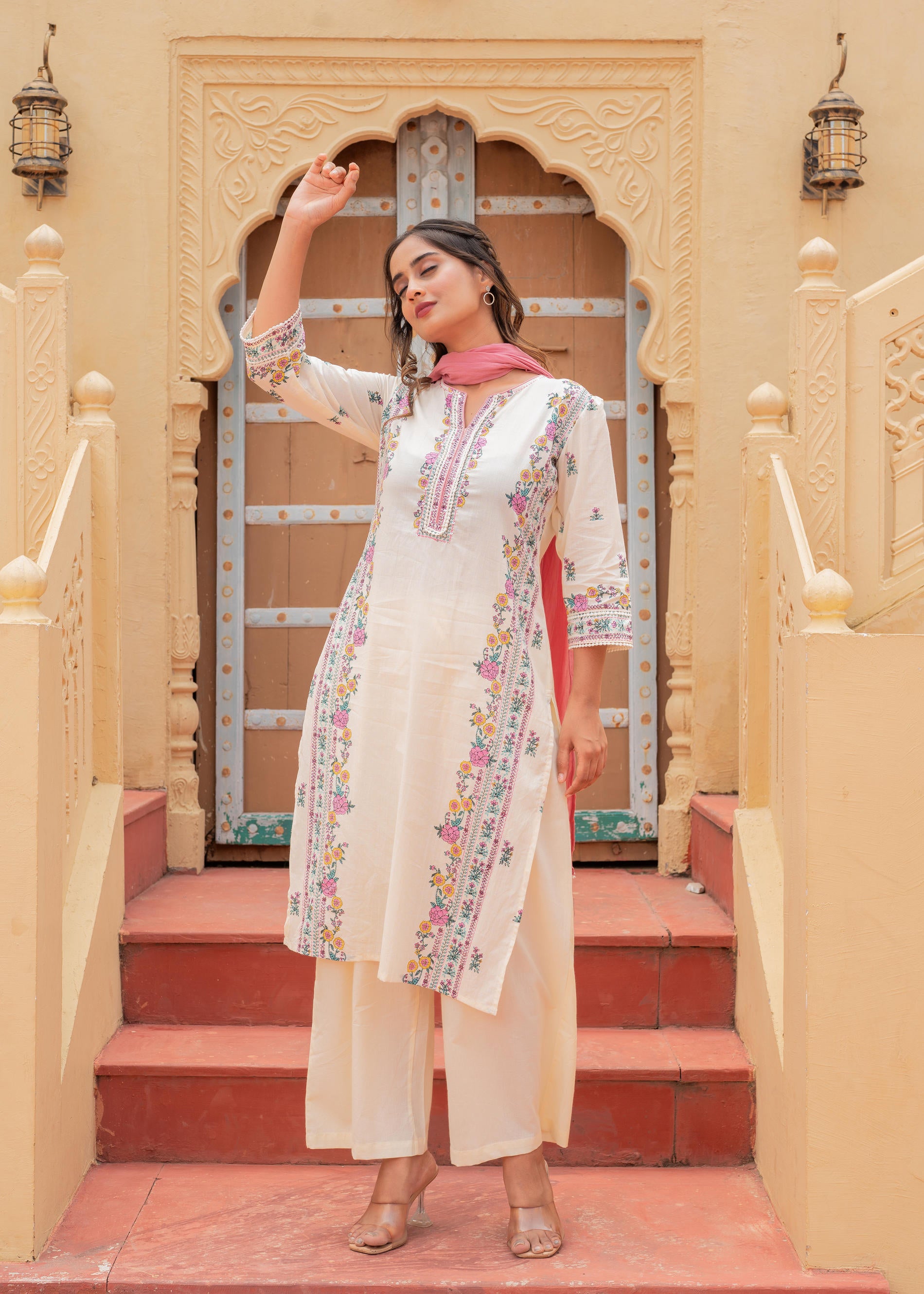 Soft Pastel Floral Printed Ivory Kurti Set-P1398IVORY