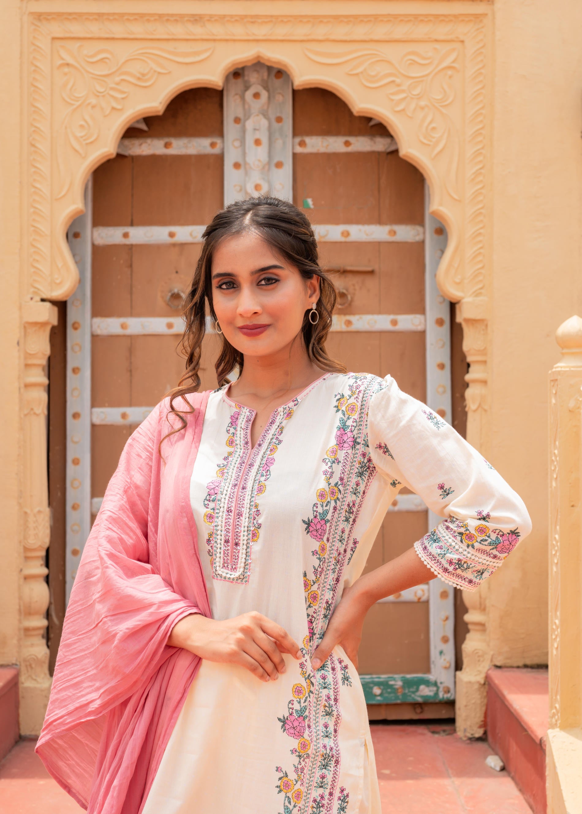 Soft Pastel Floral Printed Ivory Kurti Set-P1398IVORY