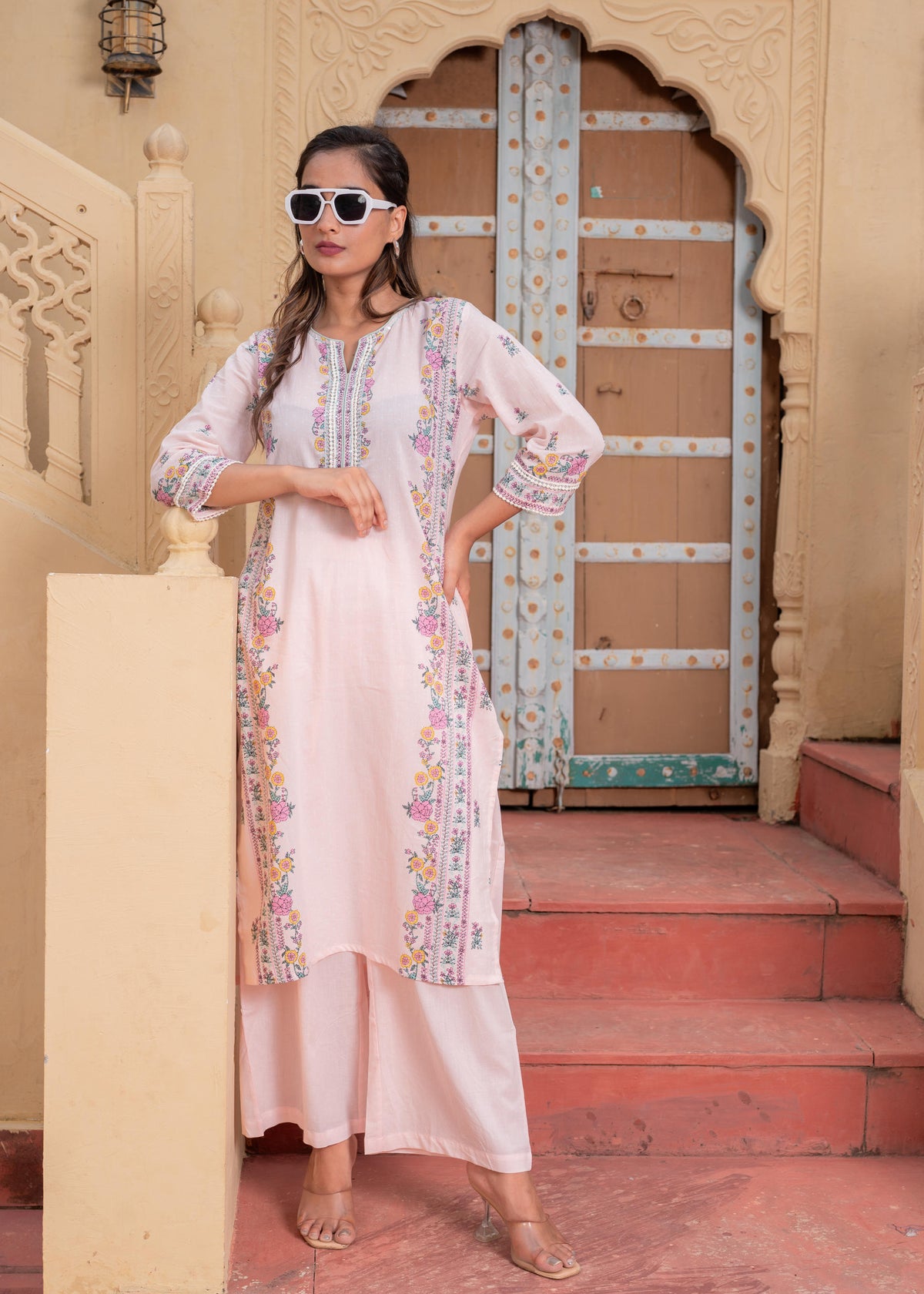 Soft Pastel Floral Printed Onion Pink Kurti Set-P1398ONIONPINK