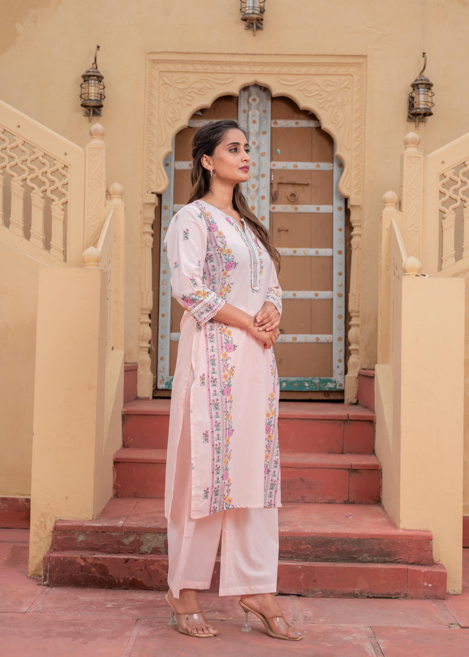Soft Pastel Floral Printed Onion Pink Kurti Set-P1398ONIONPINK