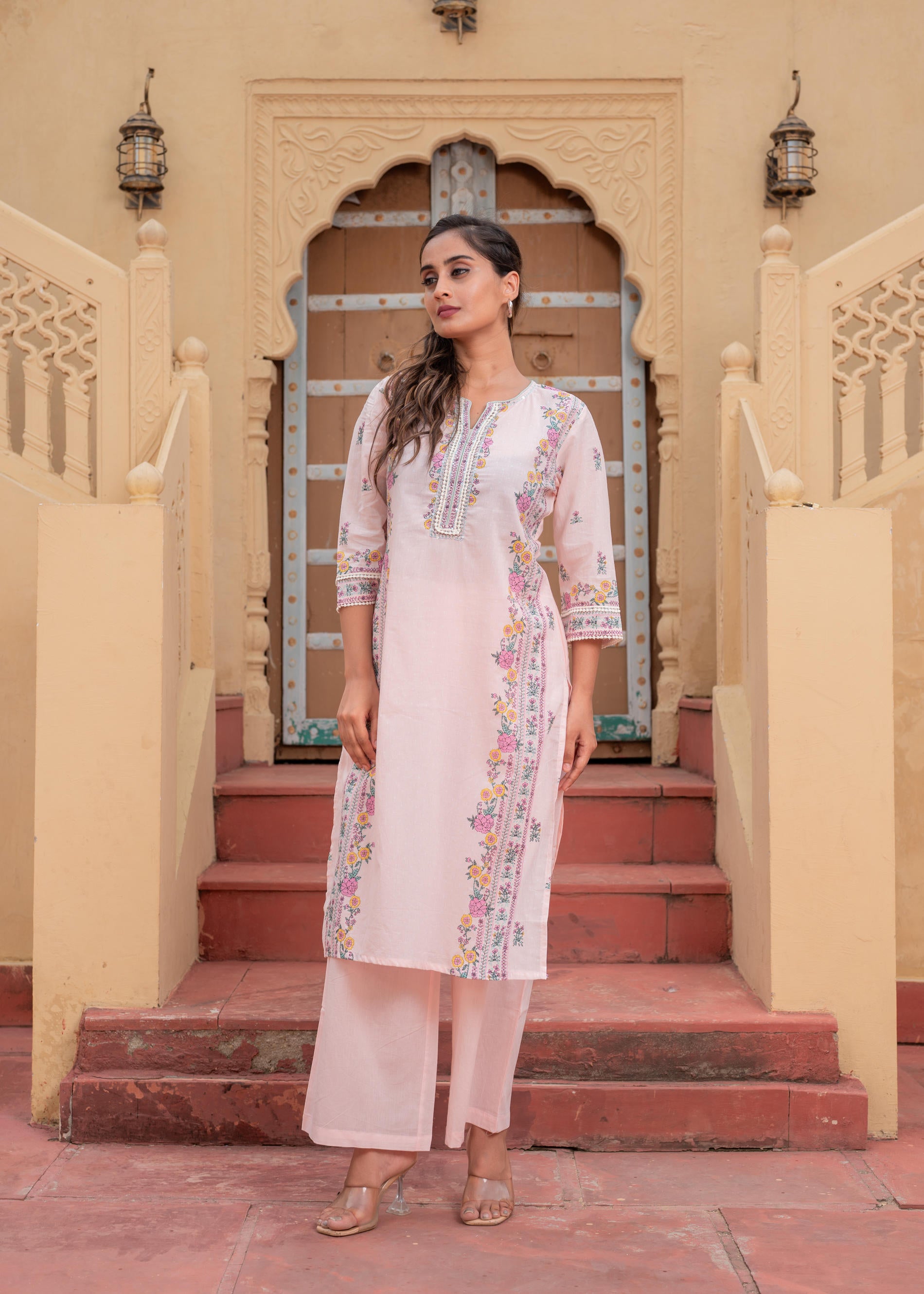 Soft Pastel Floral Printed Onion Pink Kurti Set-P1398ONIONPINK