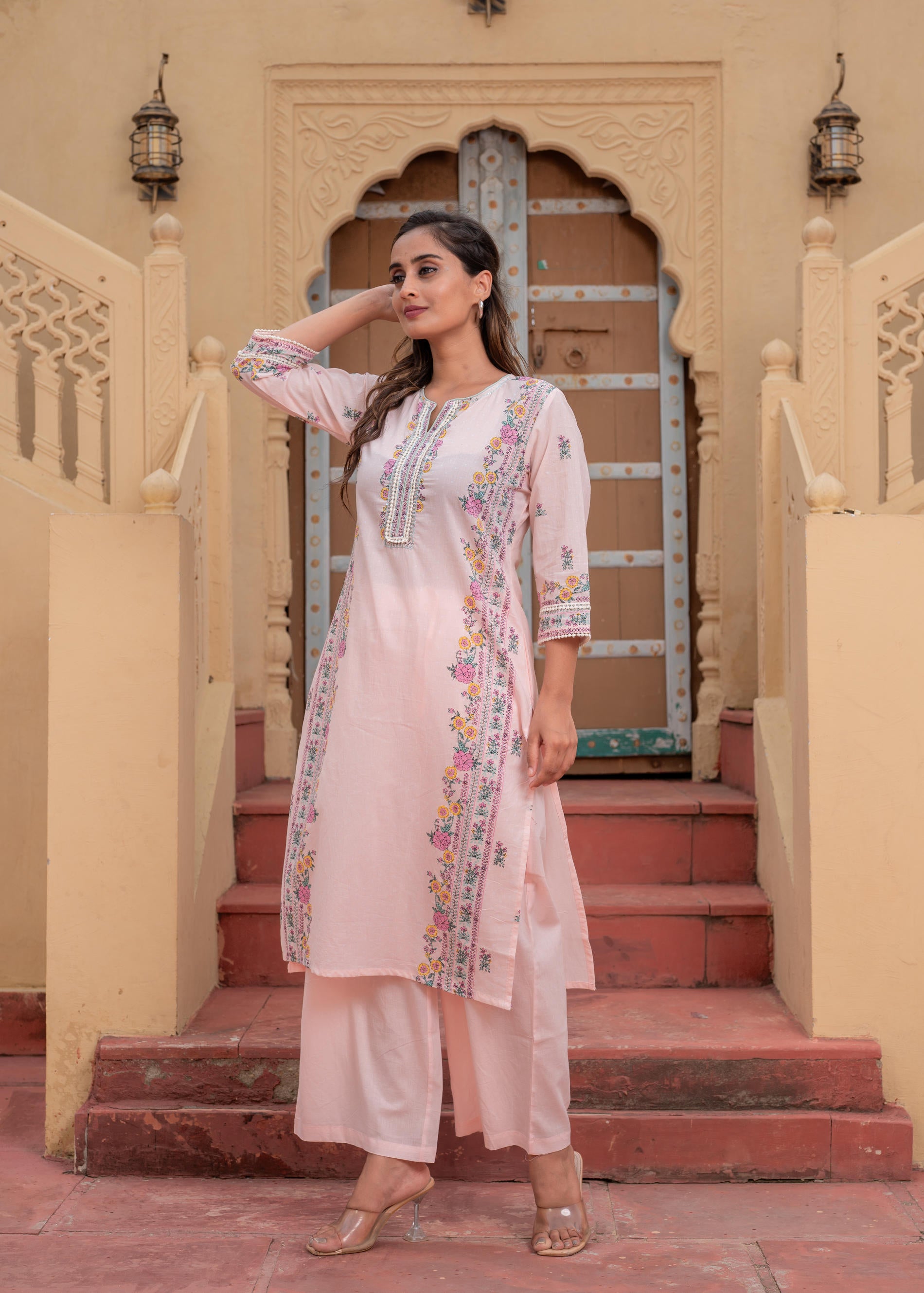 Soft Pastel Floral Printed Onion Pink Kurti Set-P1398ONIONPINK