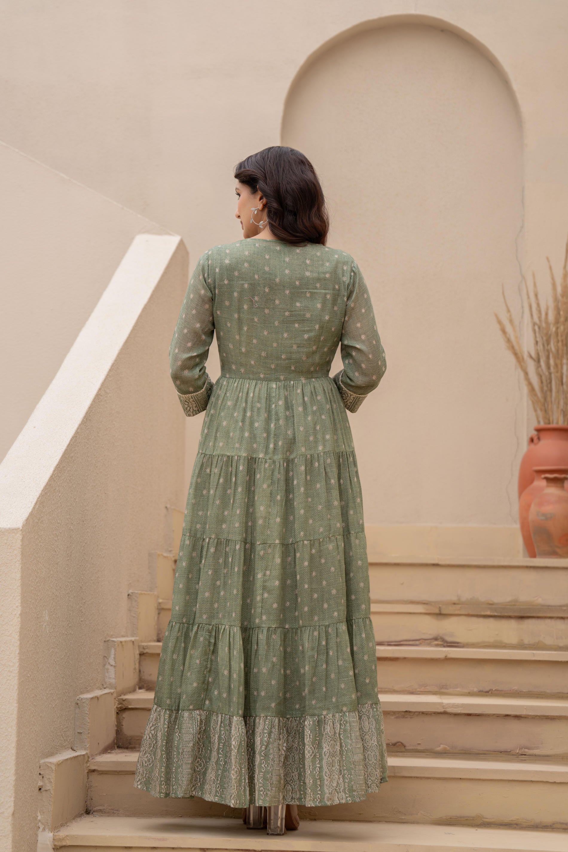 Azure Whispers Boho Tiered Anarkali Dress-P1399GREEN