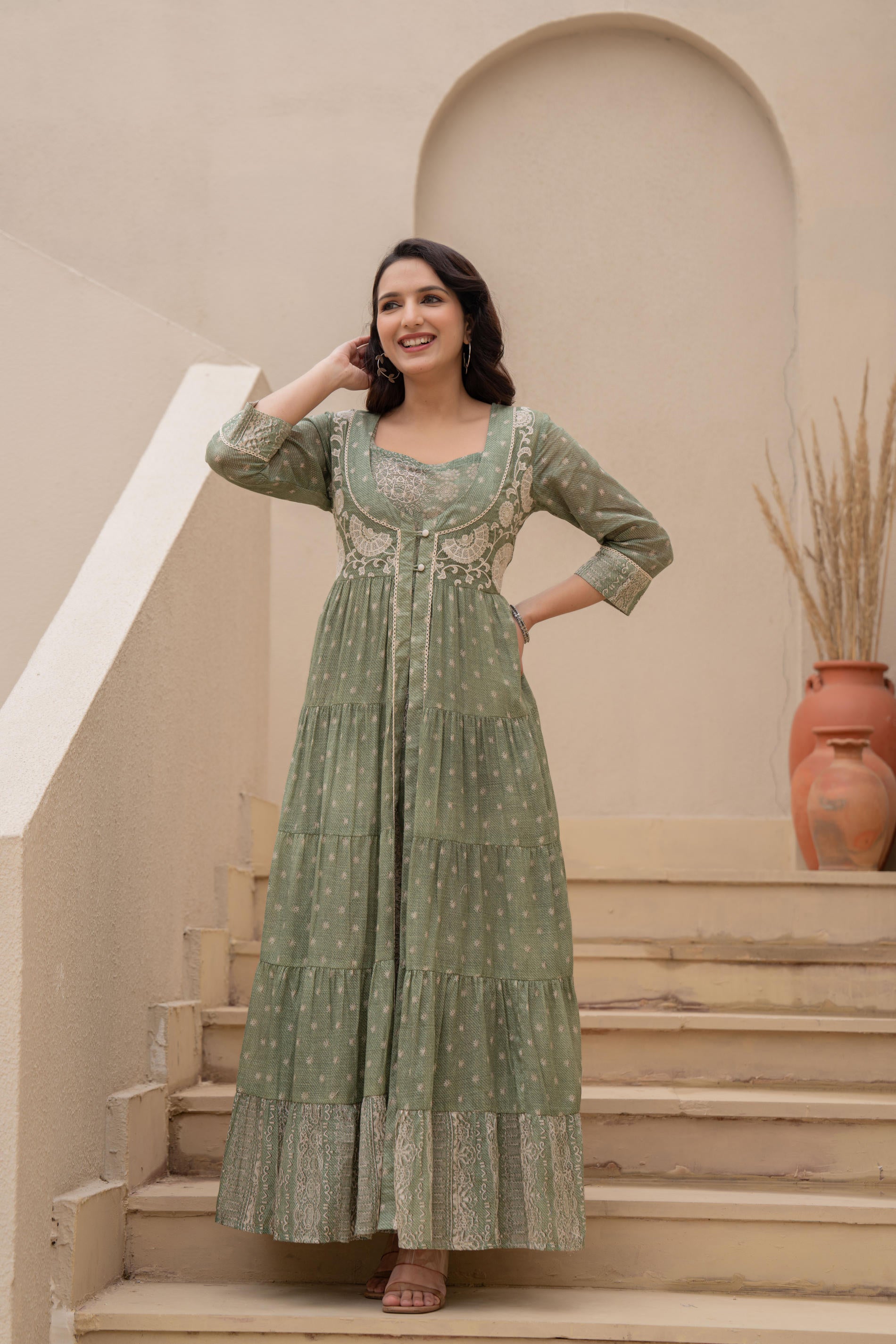Azure Whispers Boho Tiered Anarkali Dress-P1399GREEN