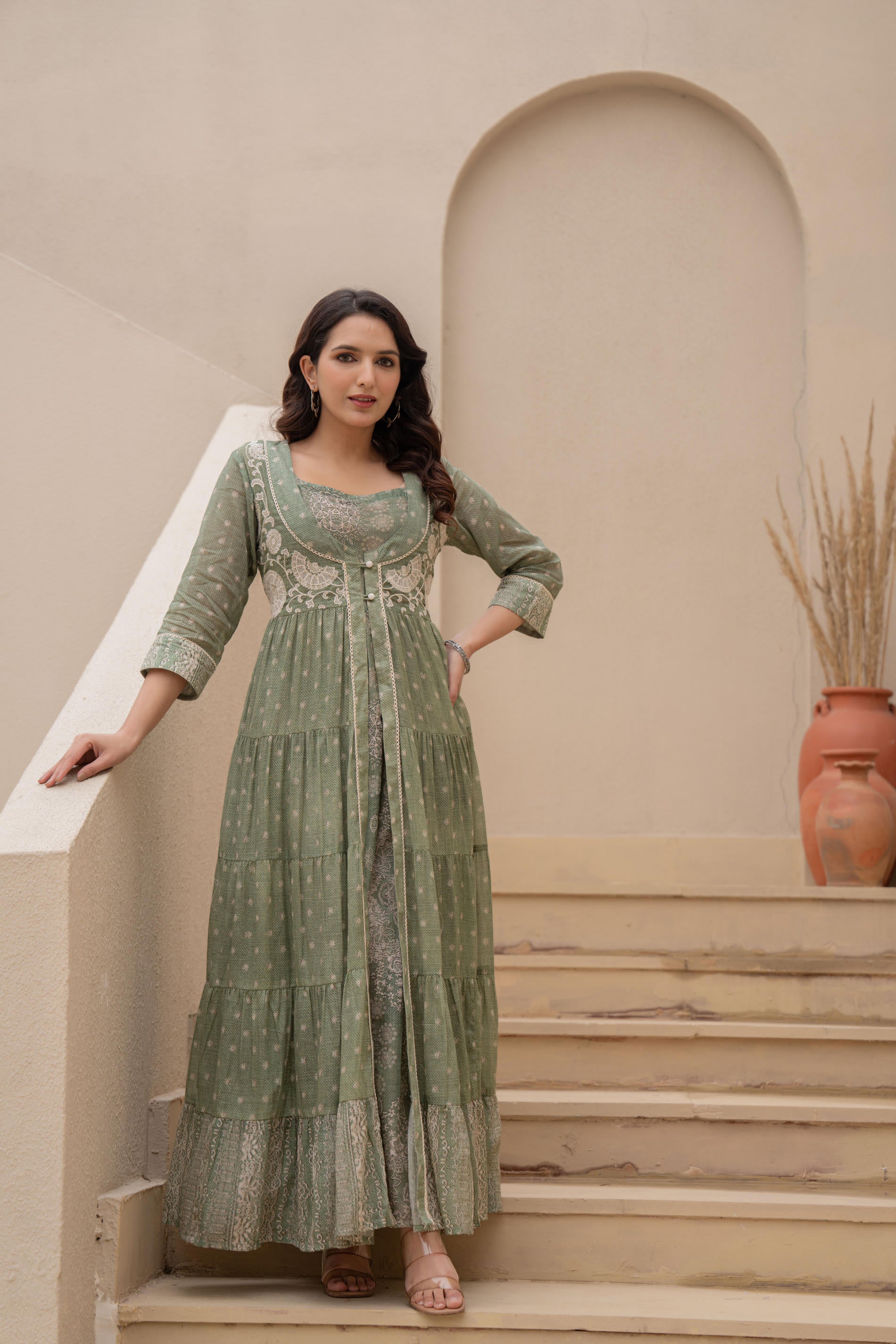 Azure Whispers Boho Tiered Anarkali Dress-P1399GREEN
