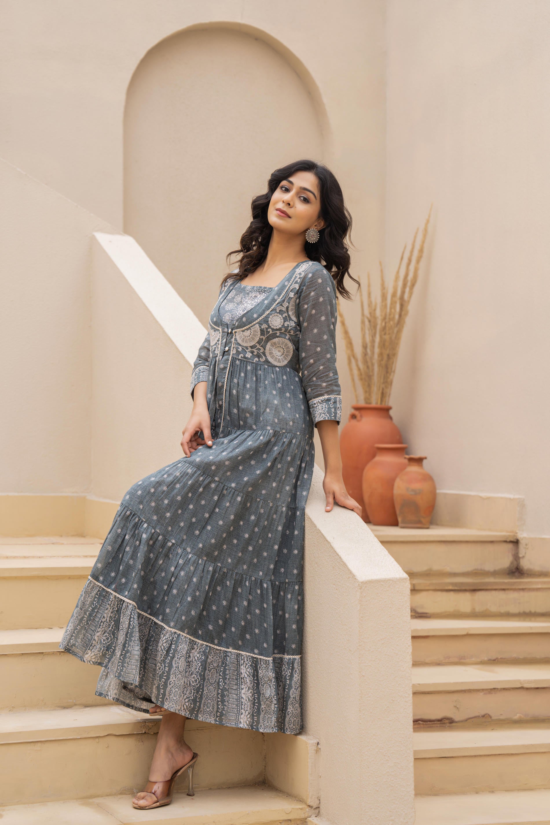 Azure Whispers Boho Tiered Anarkali Dress-P1399GREY