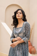 Azure Whispers Boho Tiered Anarkali Dress-P1399GREY