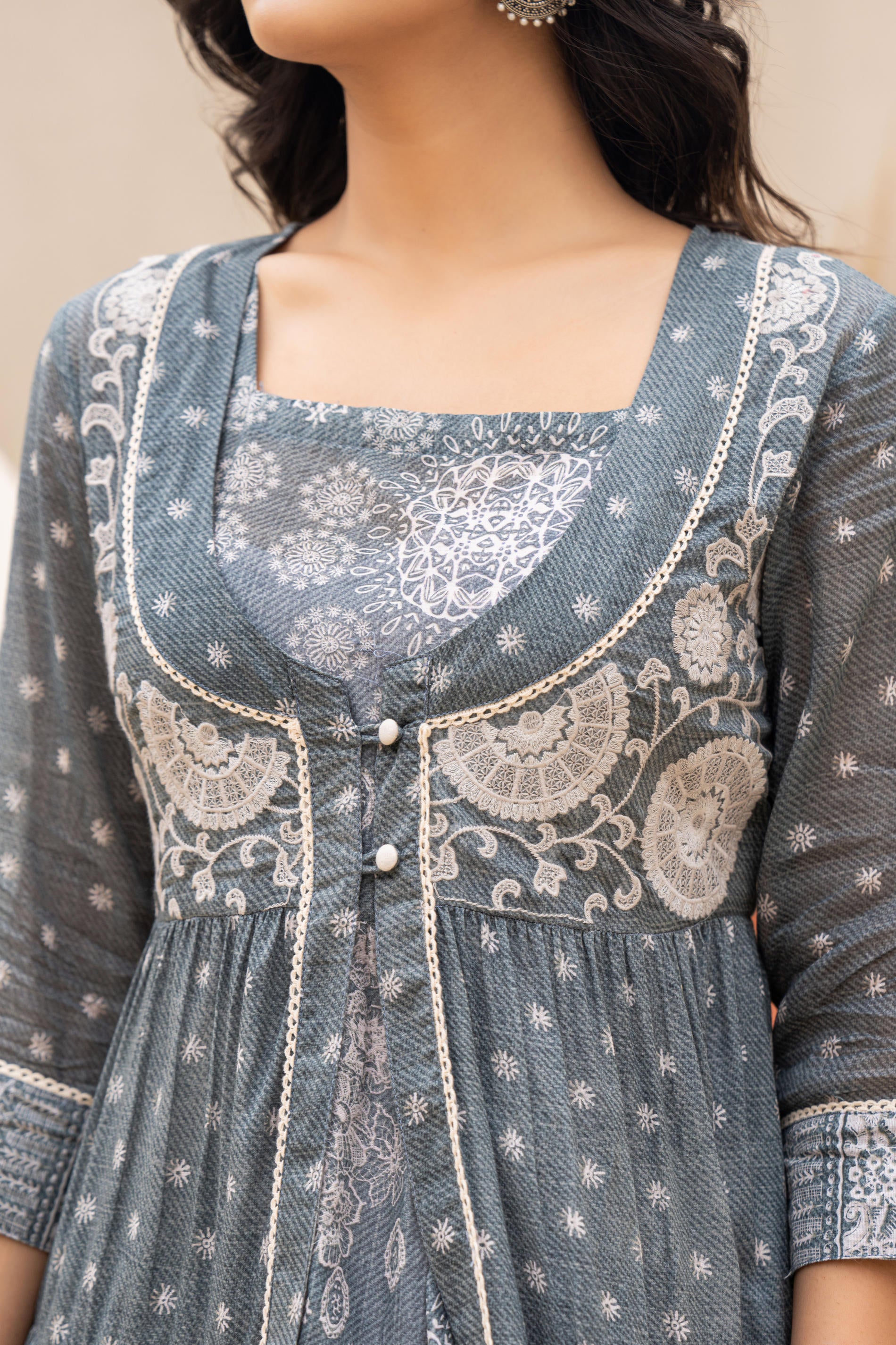Azure Whispers Boho Tiered Anarkali Dress-P1399GREY
