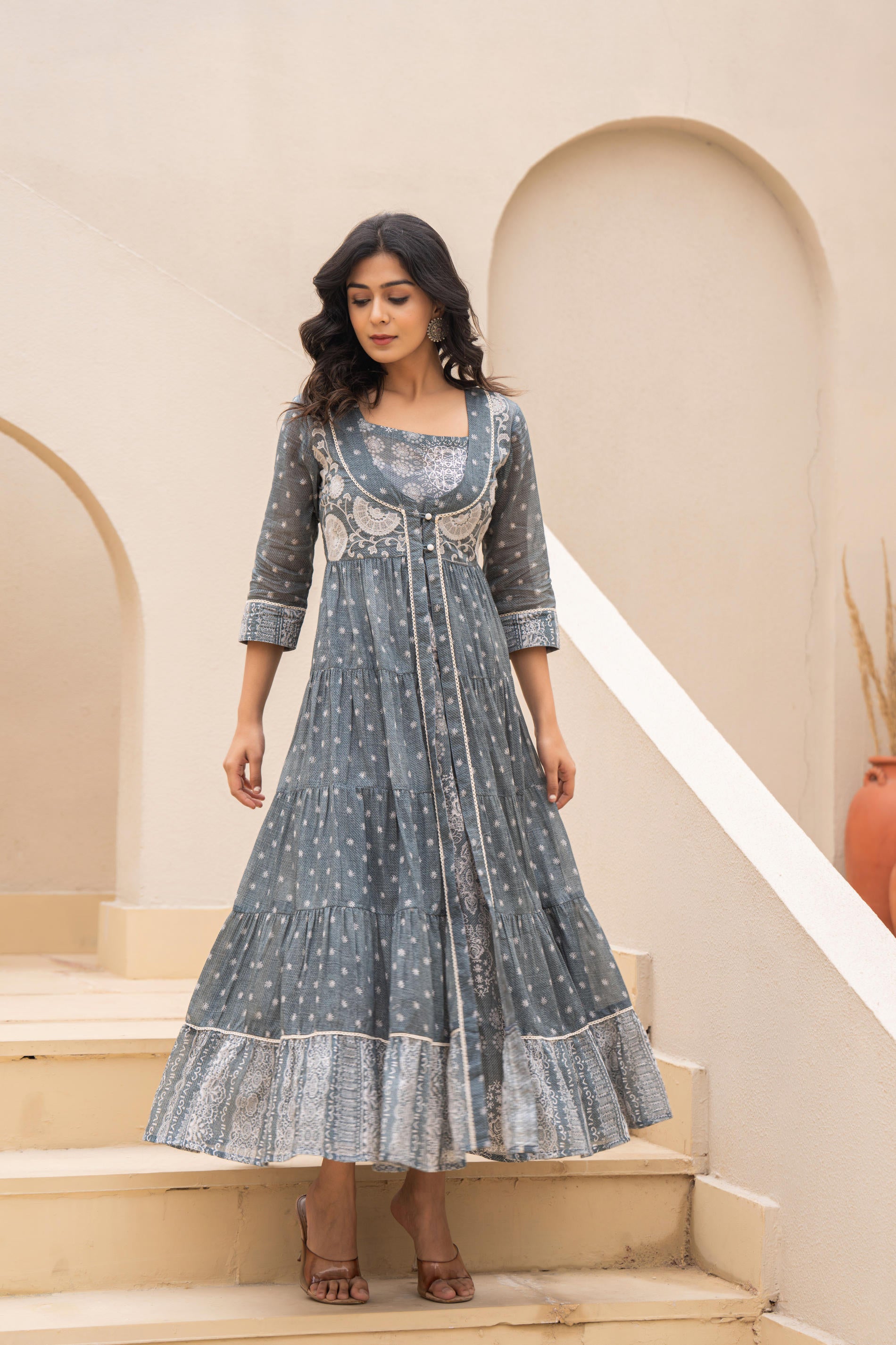 Azure Whispers Boho Tiered Anarkali Dress-P1399GREY