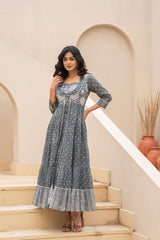 Azure Whispers Boho Tiered Anarkali Dress-P1399GREY