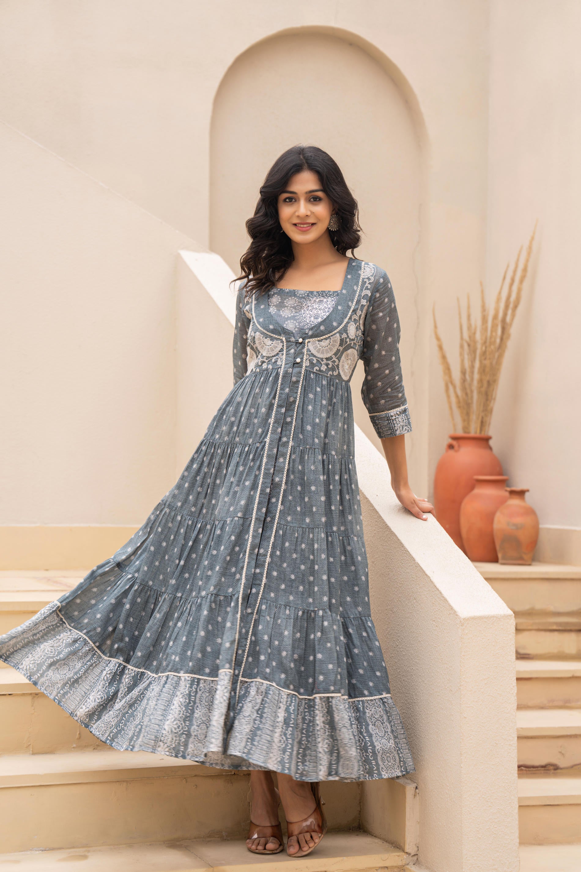 Azure Whispers Boho Tiered Anarkali Dress-P1399GREY