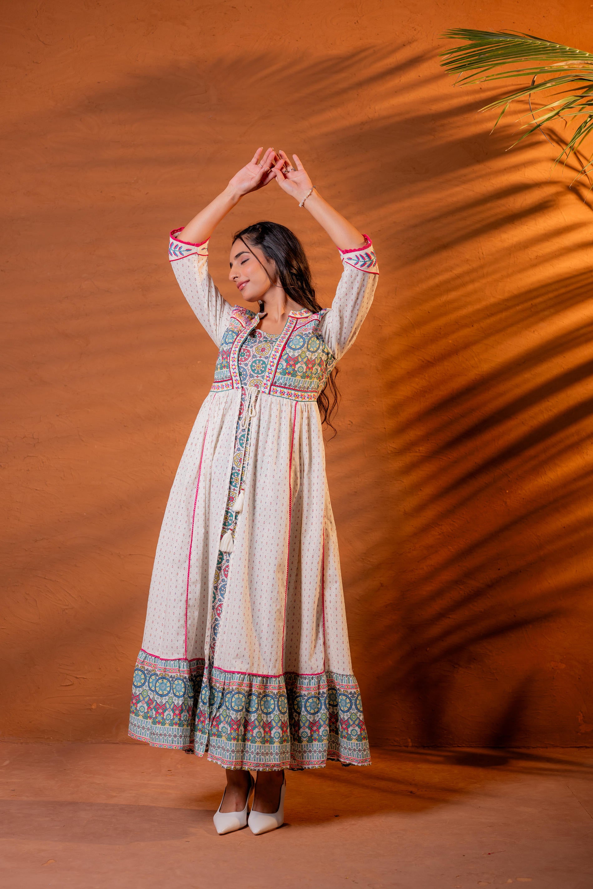 Ivory Embroidered Flared Midi Dress with Ethnic Motifs-P1400IVORY_ON