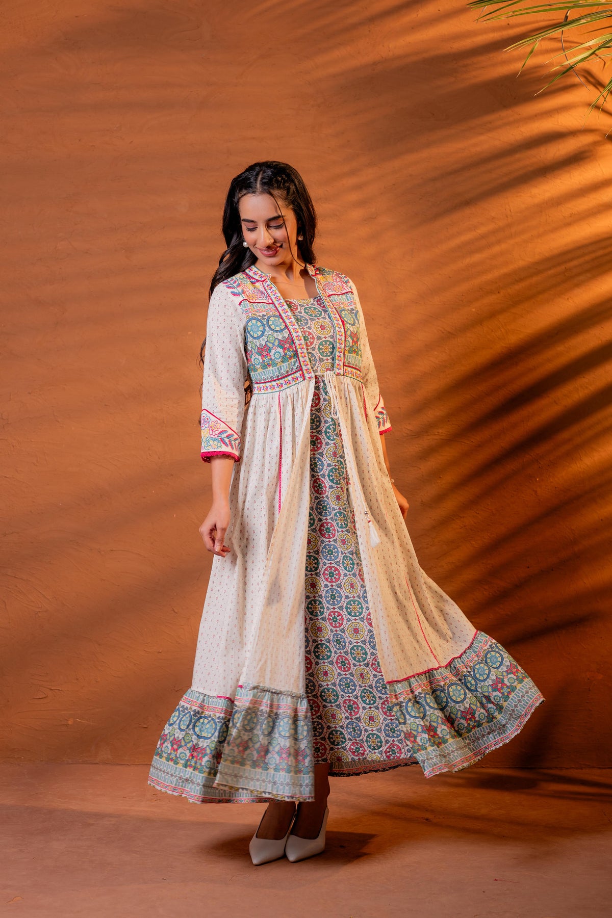 Ivory Embroidered Flared Midi Dress with Ethnic Motifs-P1400IVORY_ON