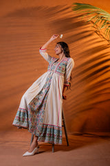 Ivory Embroidered Flared Midi Dress with Ethnic Motifs-P1400IVORY_ON
