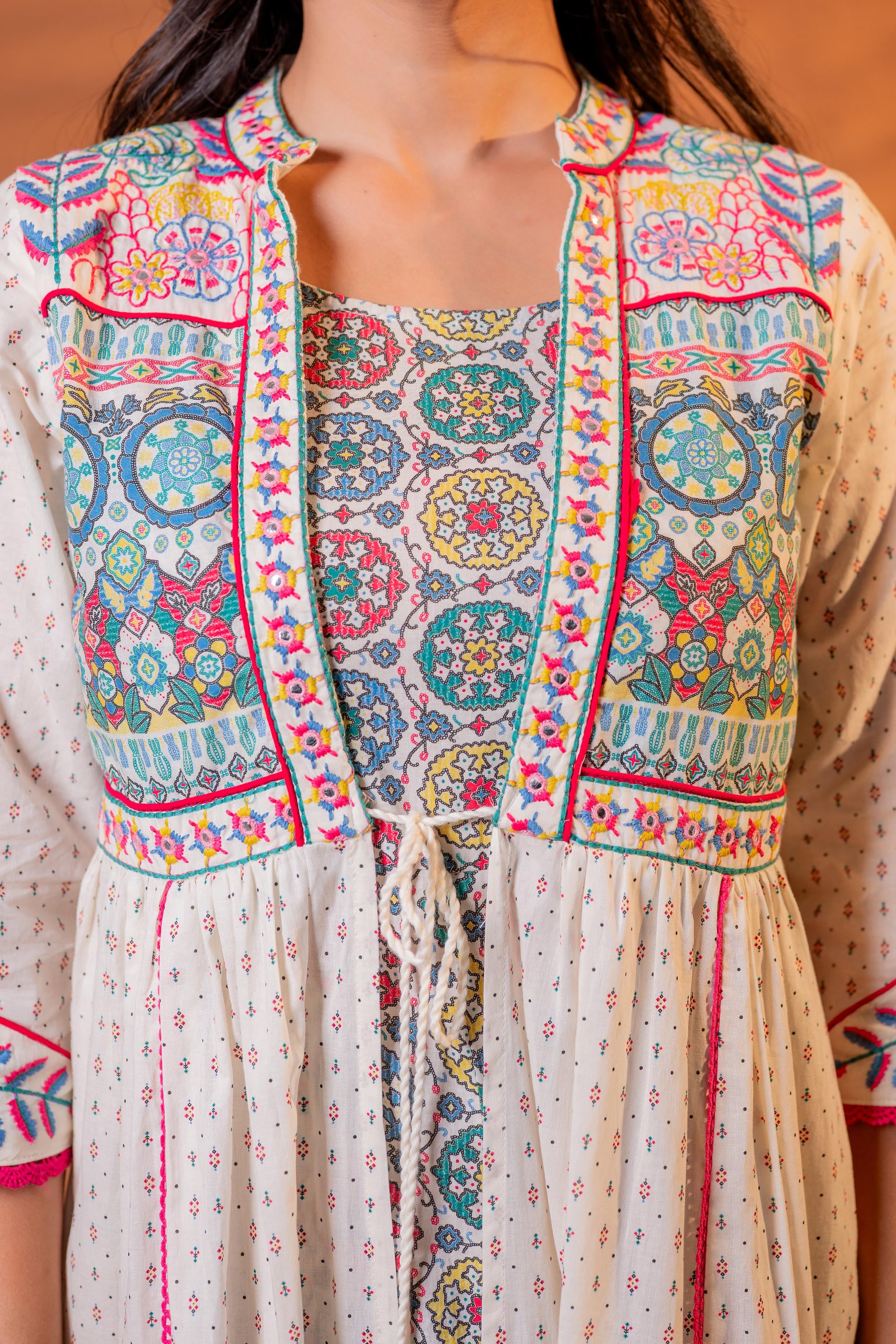 Ivory Embroidered Flared Midi Dress with Ethnic Motifs-P1400IVORY_ON
