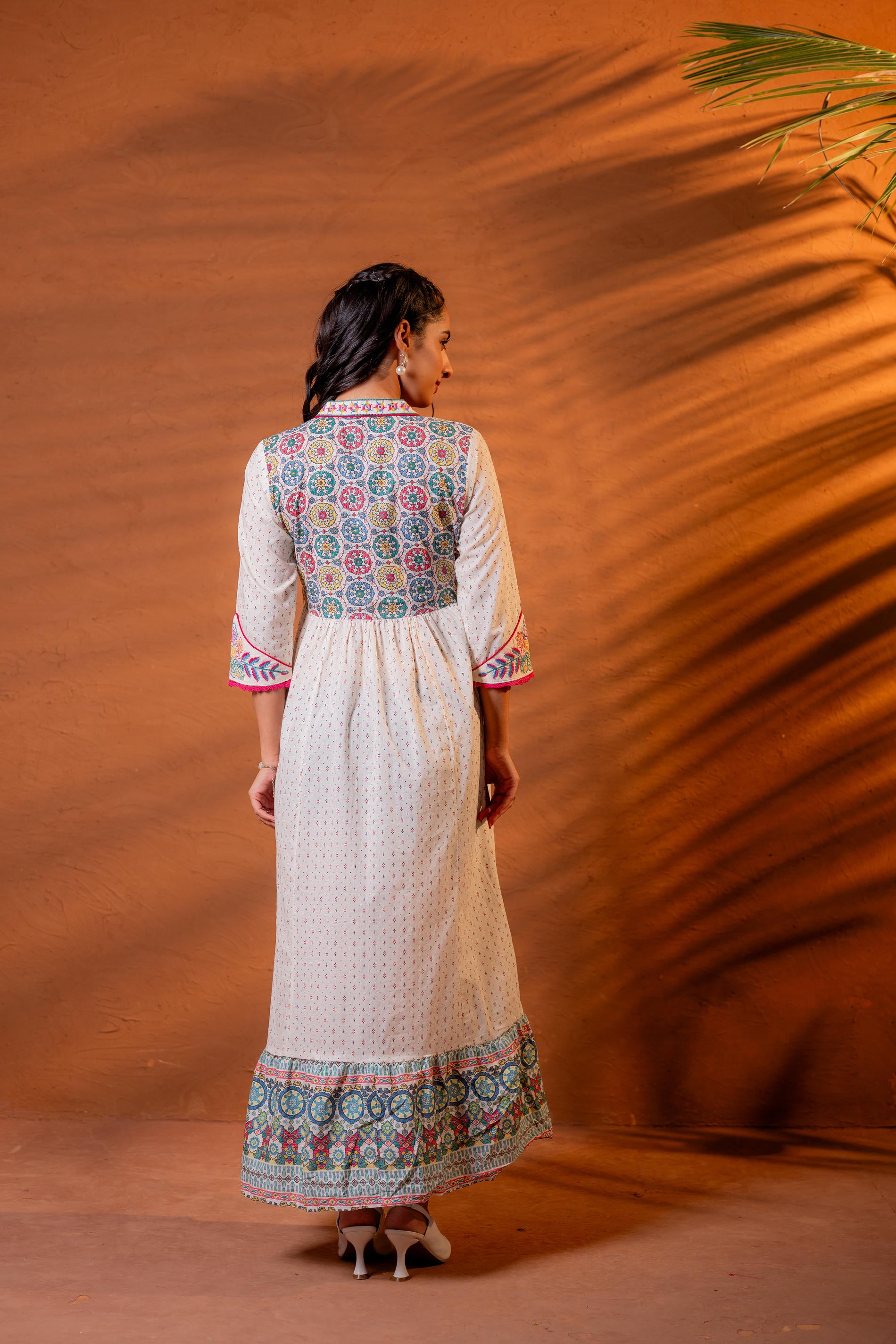 Ivory Embroidered Flared Midi Dress with Ethnic Motifs-P1400IVORY_ON