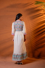 Ivory Embroidered Flared Midi Dress with Ethnic Motifs-P1400IVORY_ON