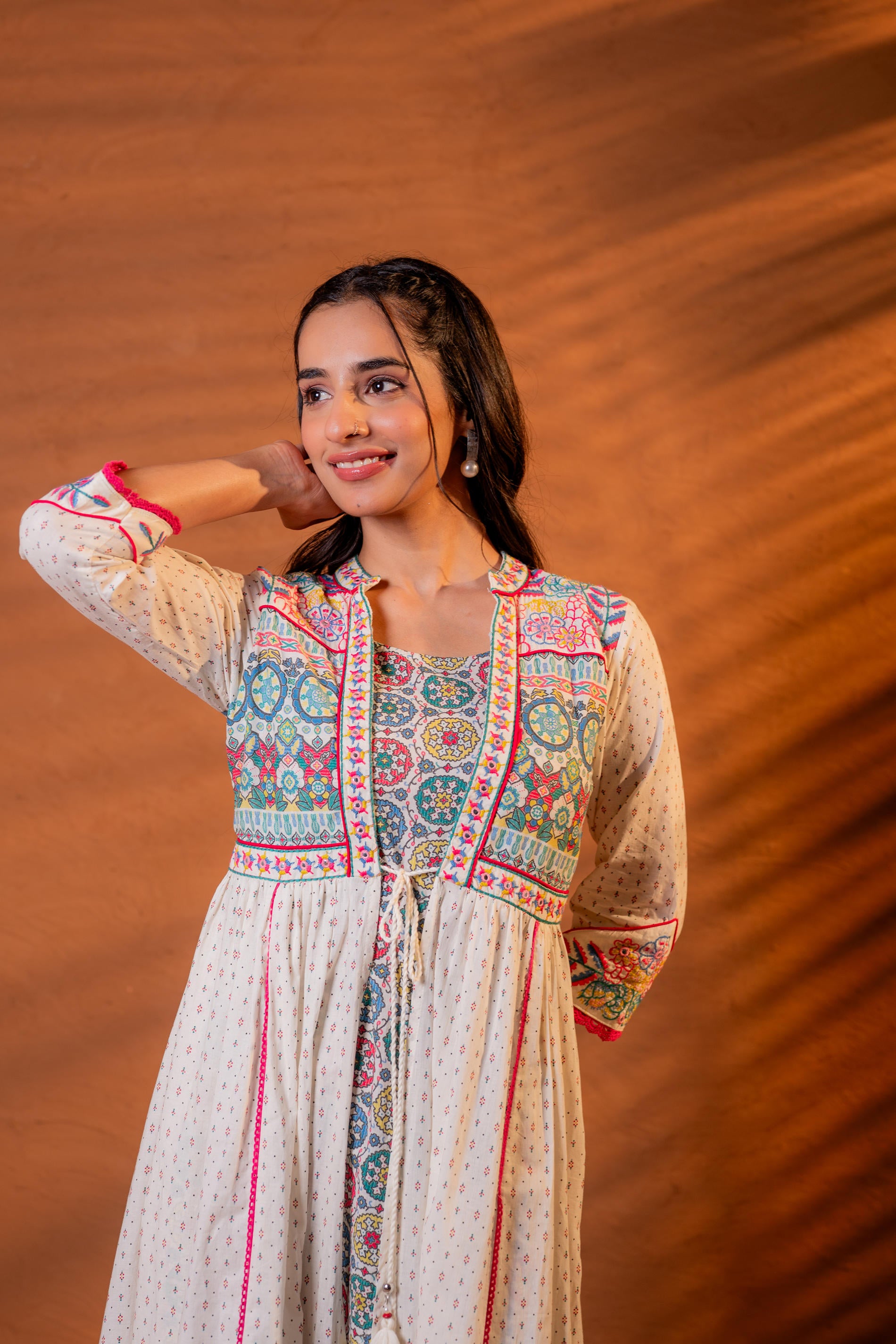 Ivory Embroidered Flared Midi Dress with Ethnic Motifs-P1400IVORY_ON
