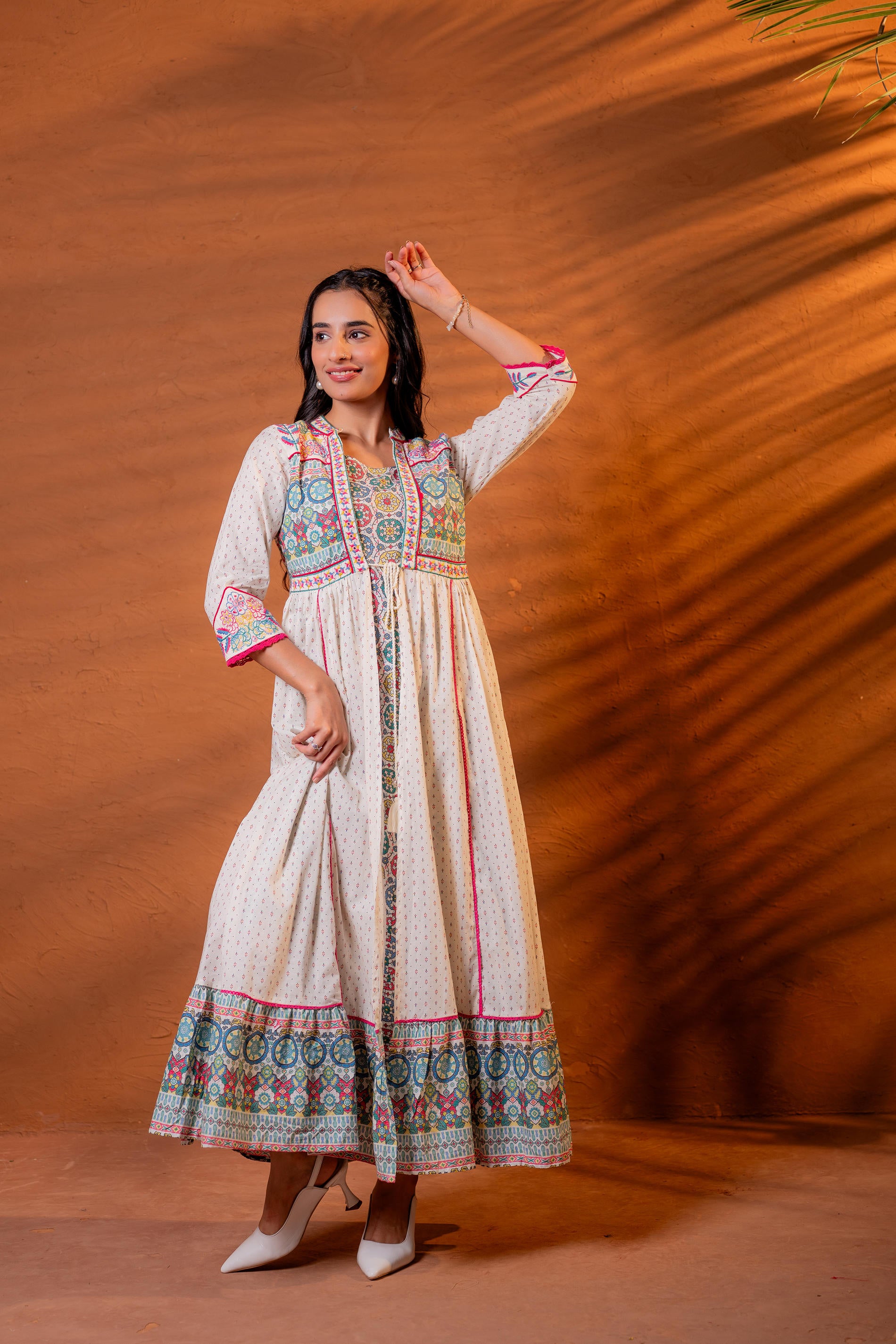 Ivory Embroidered Flared Midi Dress with Ethnic Motifs-P1400IVORY_ON