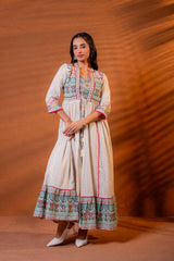 Ivory Embroidered Flared Midi Dress with Ethnic Motifs-P1400IVORY_ON