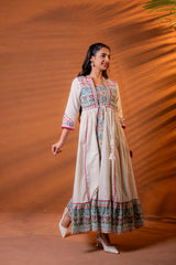 Ivory Embroidered Flared Midi Dress with Ethnic Motifs-P1400IVORY_ON