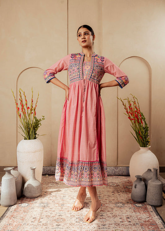 Onion Pink Embroidered Flared Midi Dress with Ethnic Motifs-P1400ONIONPINK_ON 1900