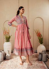 Onion Pink Embroidered Flared Midi Dress with Ethnic Motifs-P1400ONIONPINK_ON